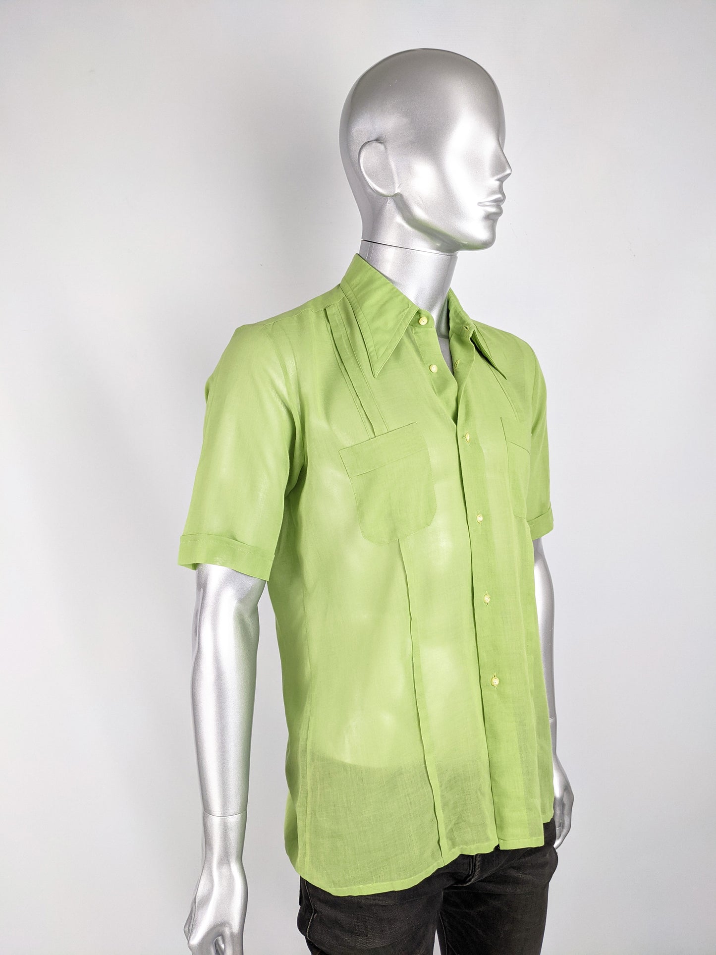 Mens Vintage Green Sheer Pleated Shirt, 1960s