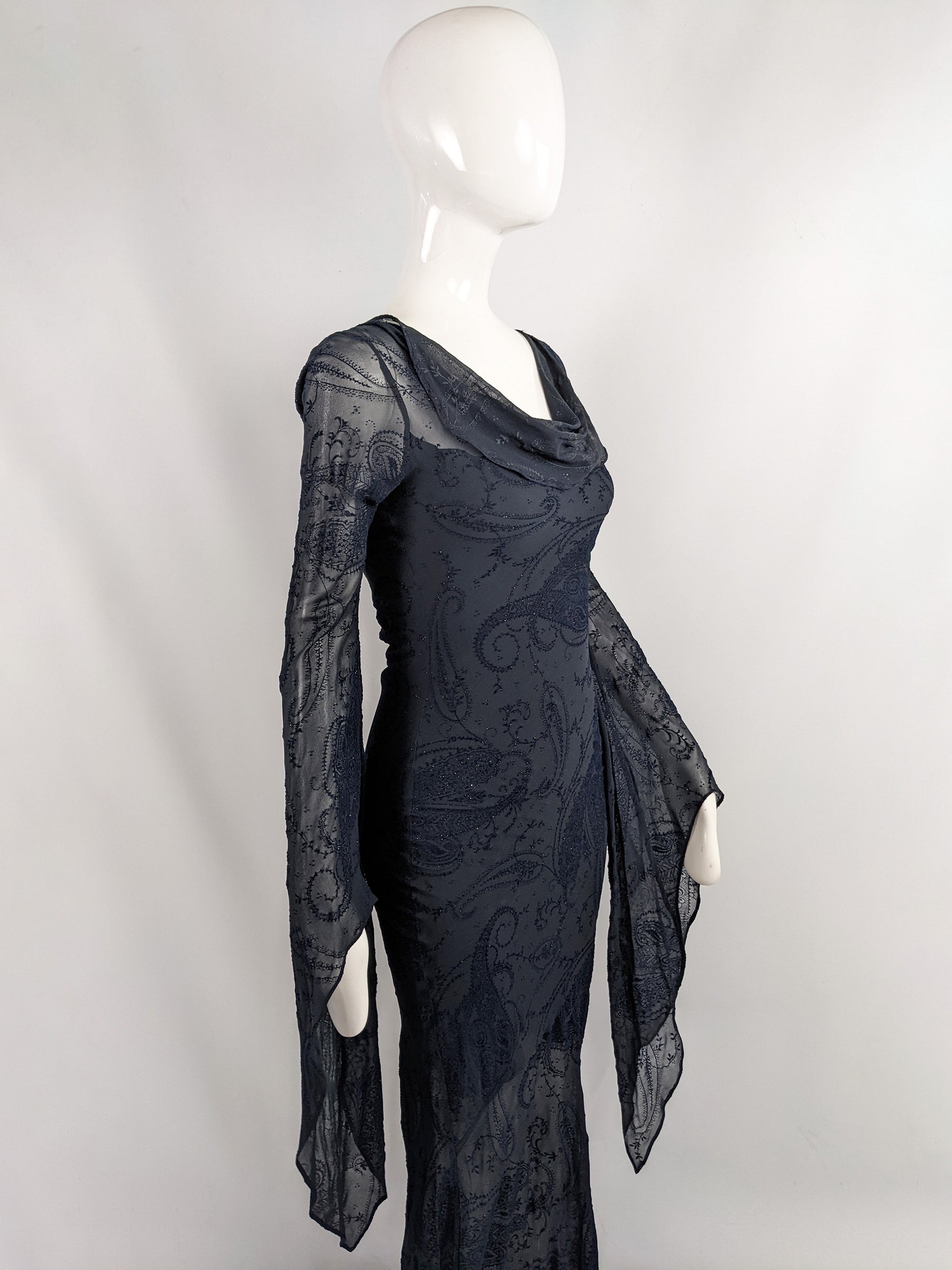 Ronit Zilkha Vintage Midnight Blue Silk Devore Witchy Dress, 2000s