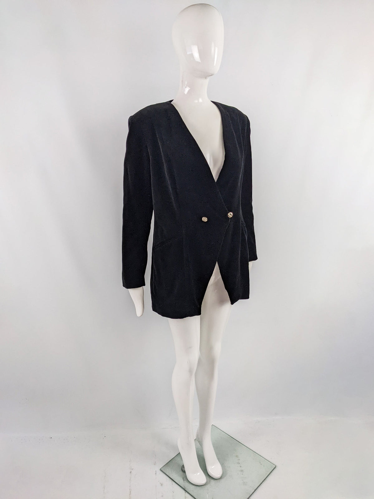 Atos Lombardini Vintage Black Velvet Shoulder Pads Jacket, 1980s