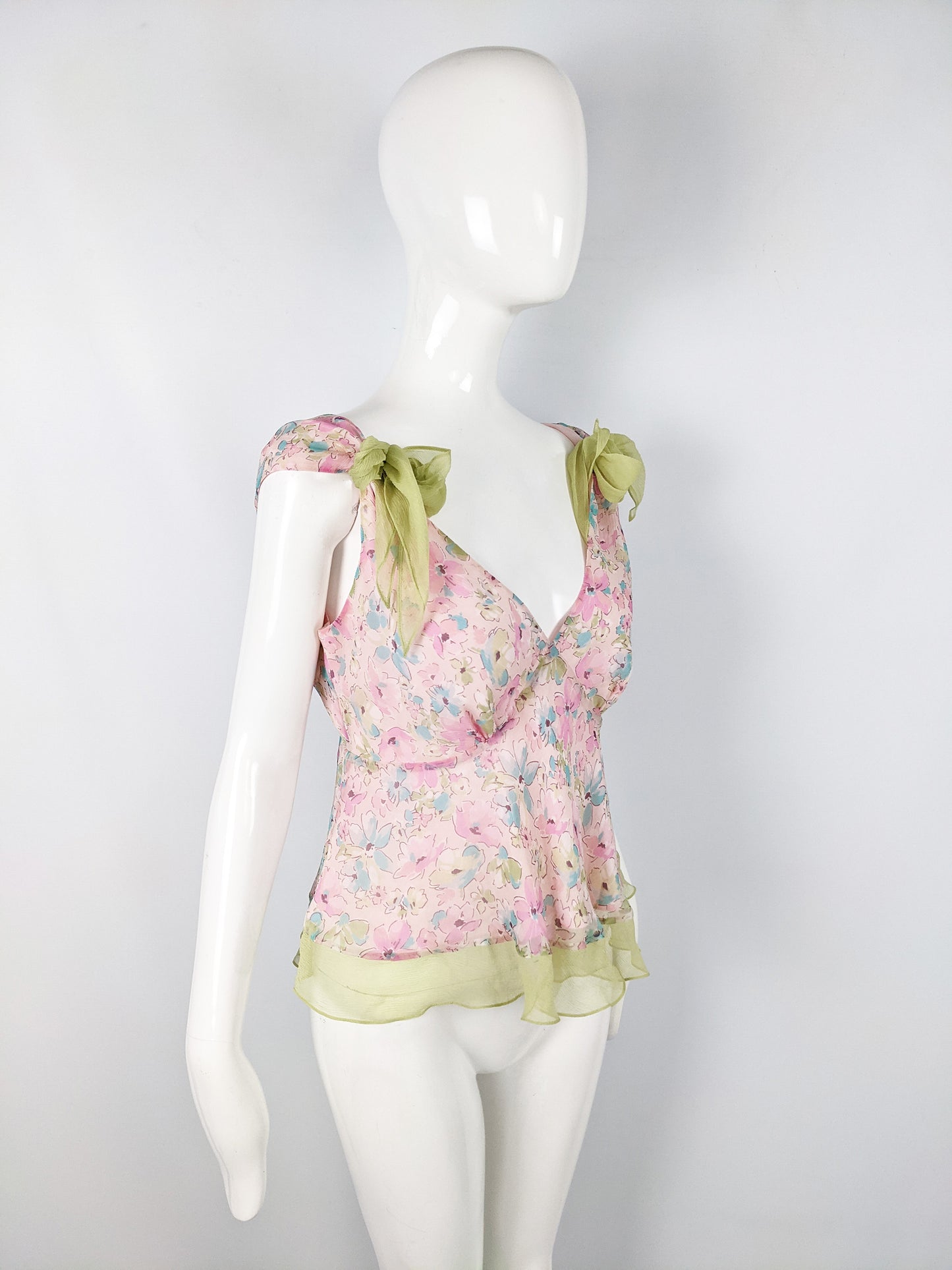 Womens Vintage Pastel Pink & Green Bow Blouse, 2000s