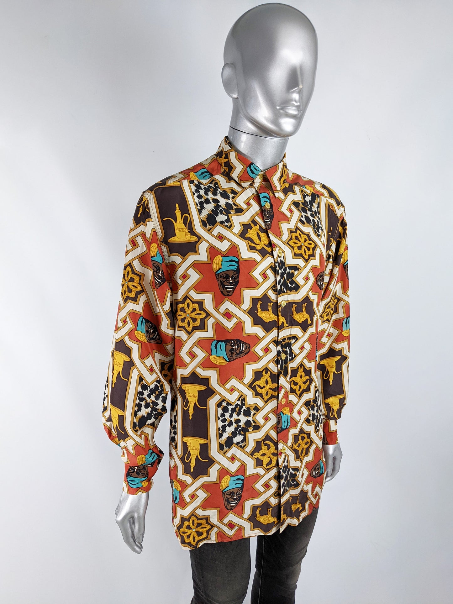 Mens Vintage Pure Silk Moorish Print Shirt, 1980s