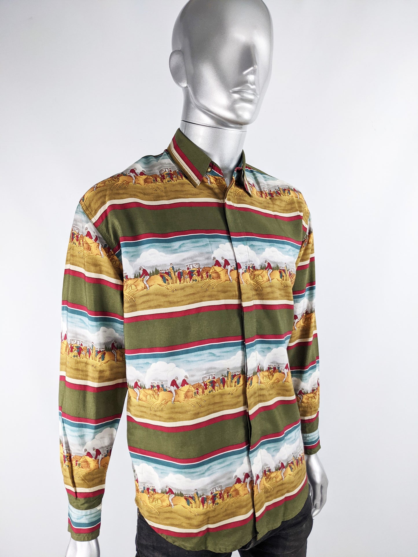 Mens Vintage Horse Racing Print Modal Shirt, 1980s
