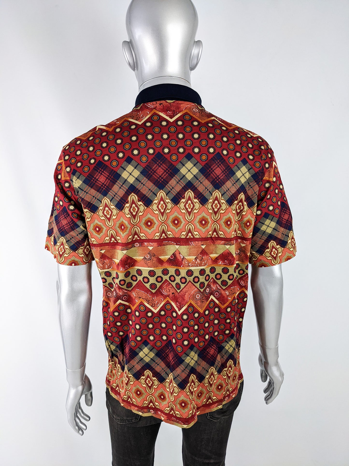 Mens Vintage Red & Navy Patterned Polo Shirt, 1980s