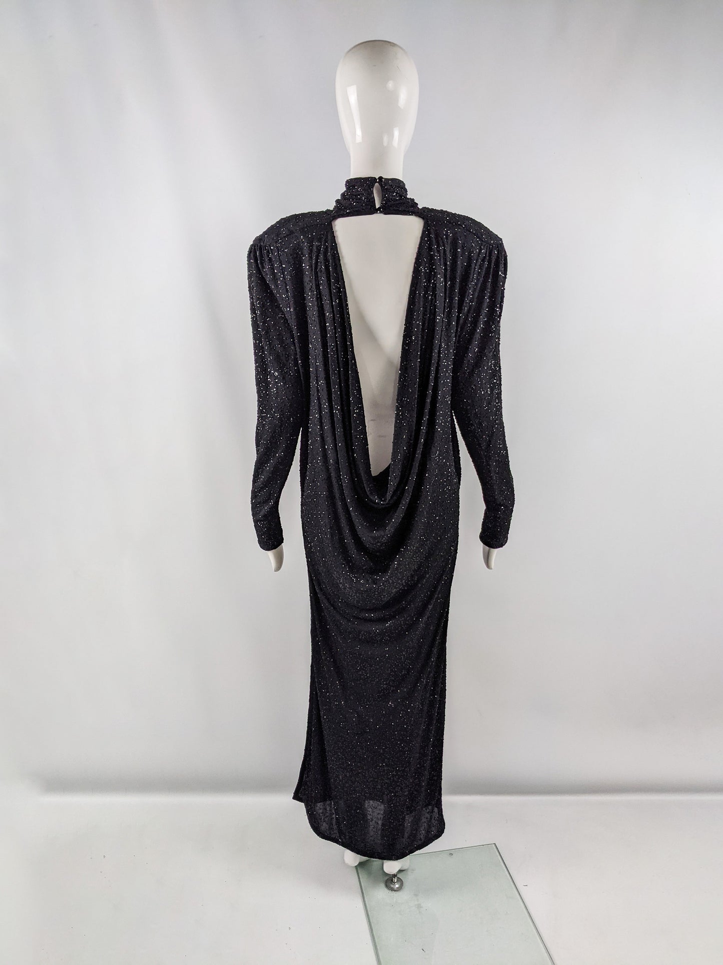Vintage Shoulder Padded Black Glittery Backless Dress, 1980s