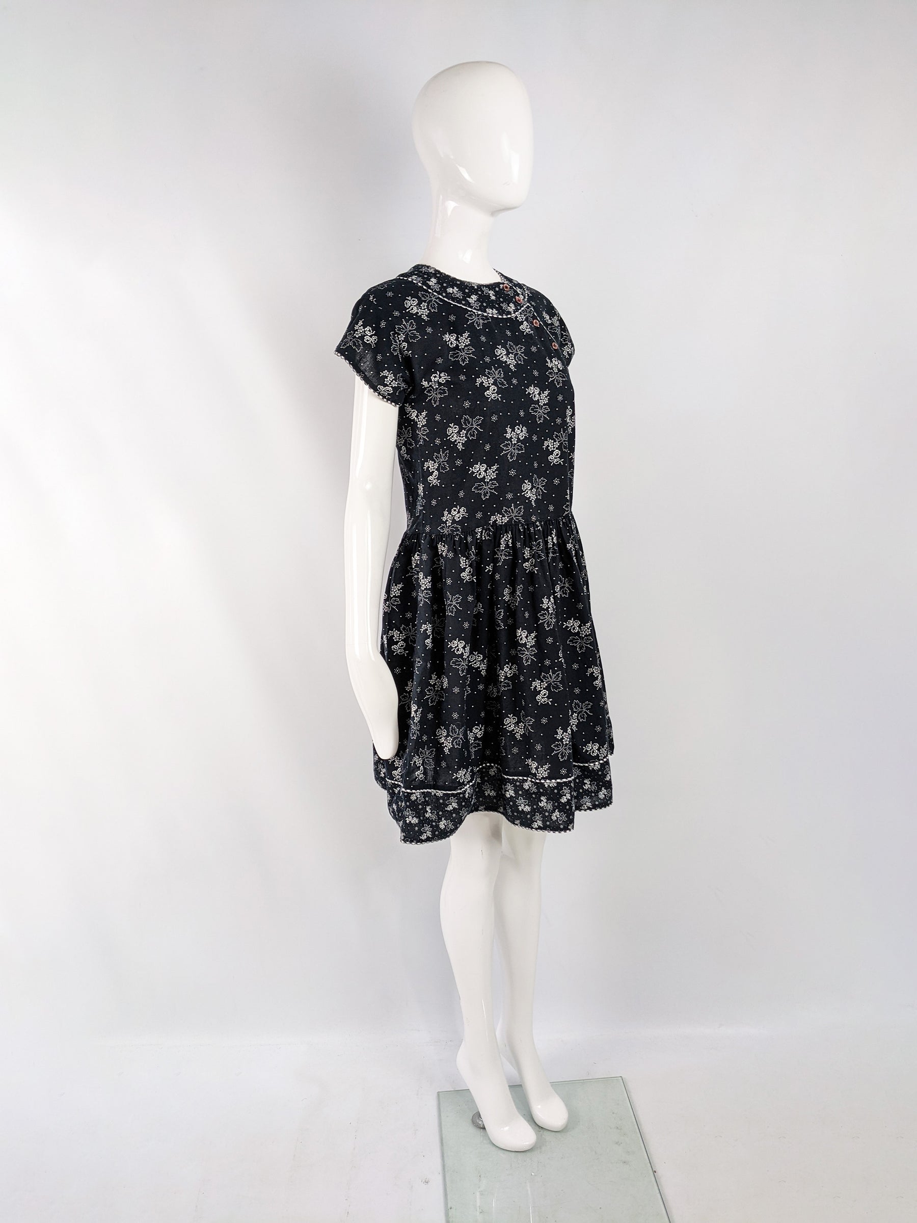 Kenzo Vintage Black & White Asian Floral Drop Waist Dress, 1980s