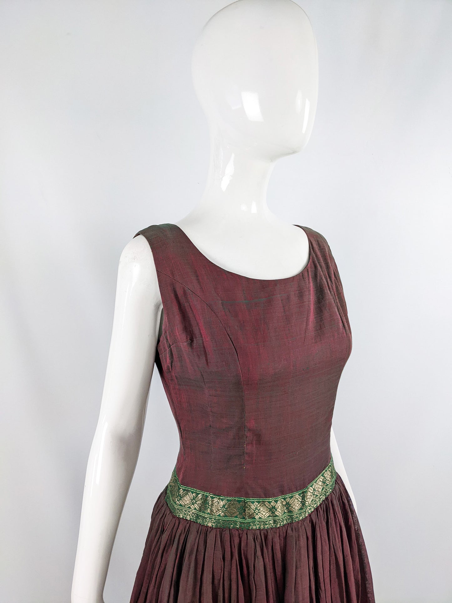 Vintage 1950s Asian Iridescent Brocade Trim Dress