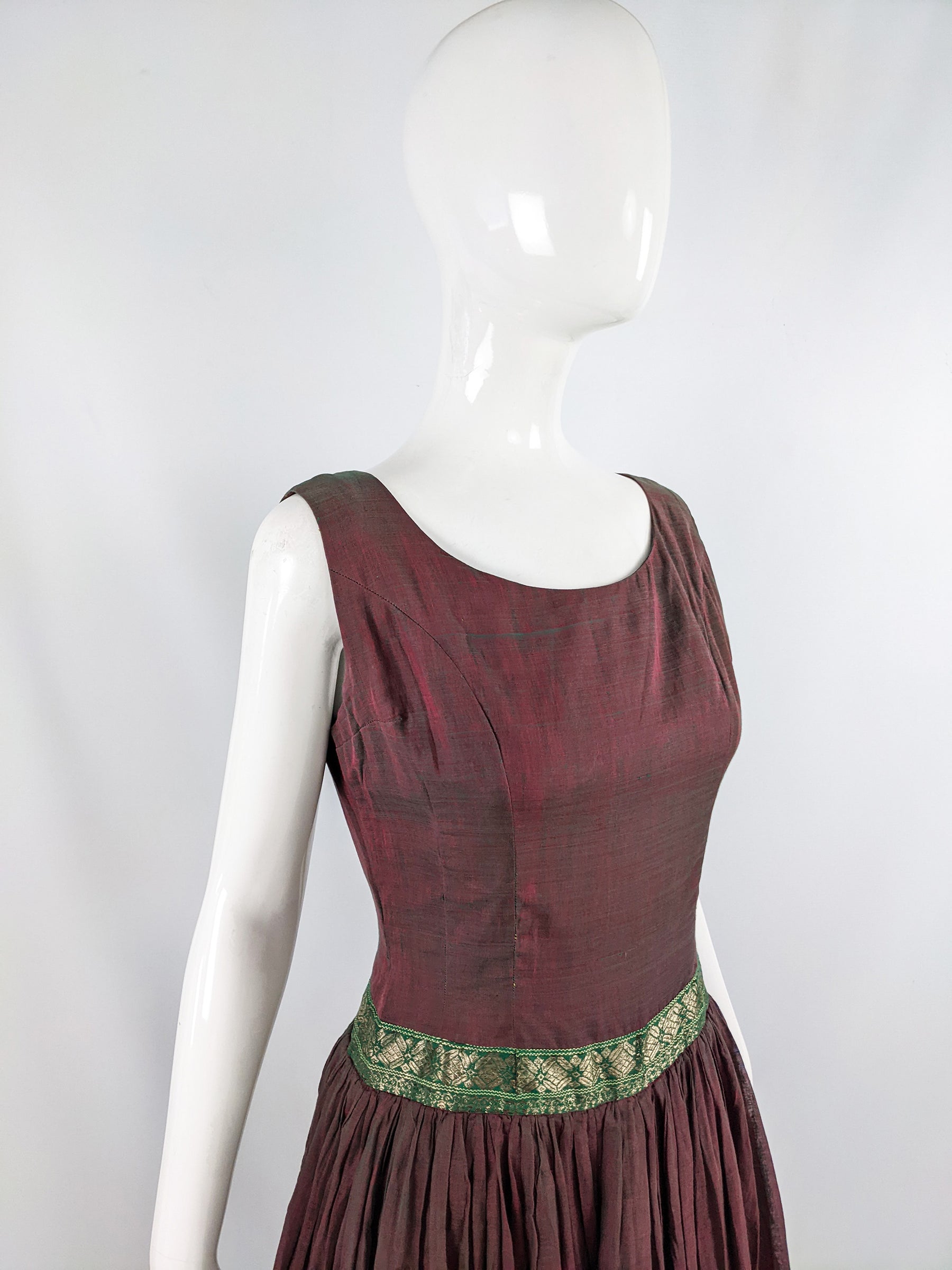 Vintage 1950s Asian Iridescent Brocade Trim Dress