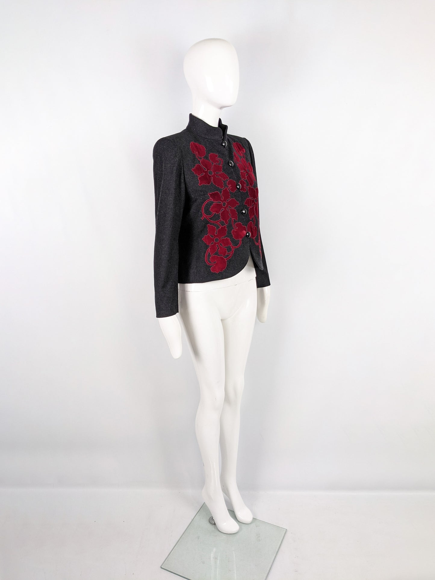 Vintage Structured Grey Wool & Red Velvet Appliqué Jacket, 1980s