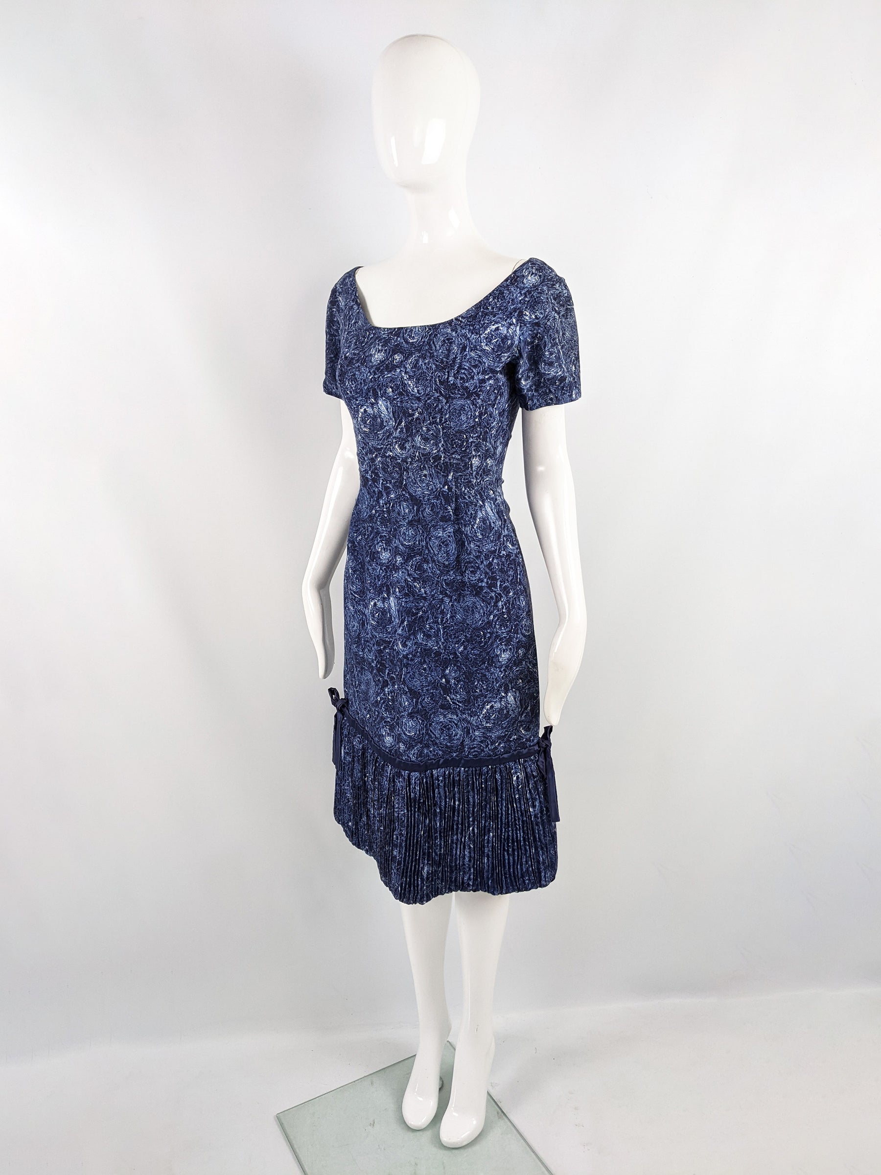 Vintage Blue Floral Wool Dress with Pleated Bubble Hem, 1950s