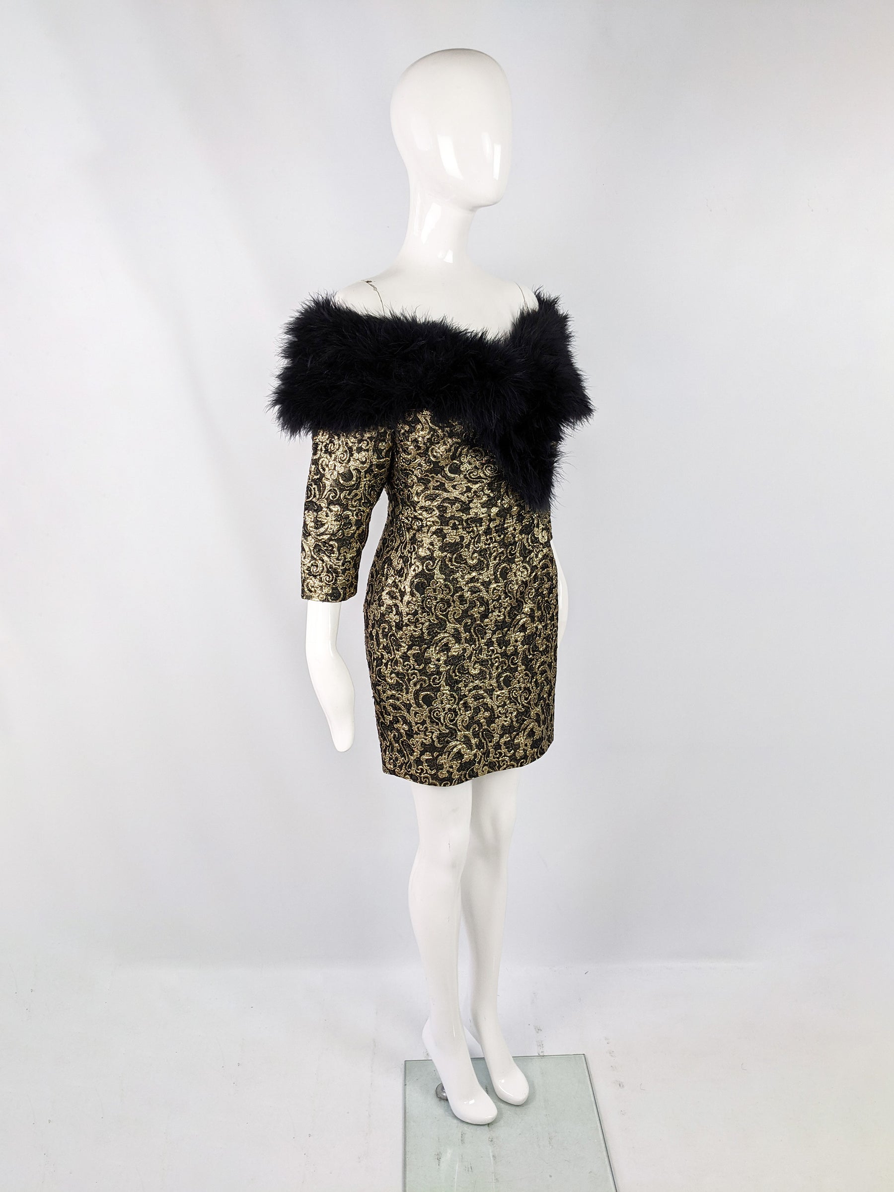 Vintage Gold Brocade Feather Trim Wiggle Party Dress, 1980s