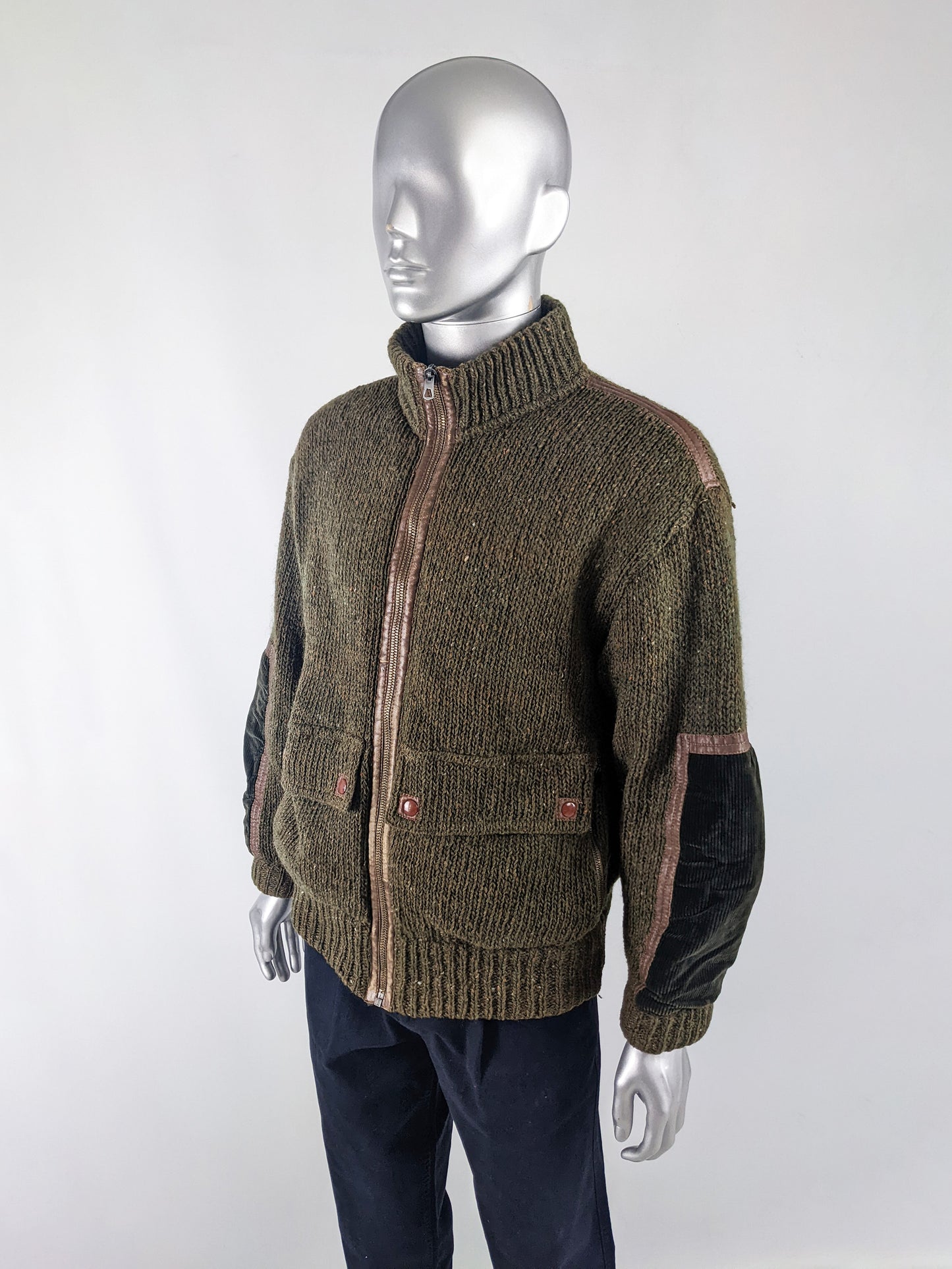 Castelbajac for Iceberg Vintage Mens Green Knit & Corduroy Jacket, 1980s