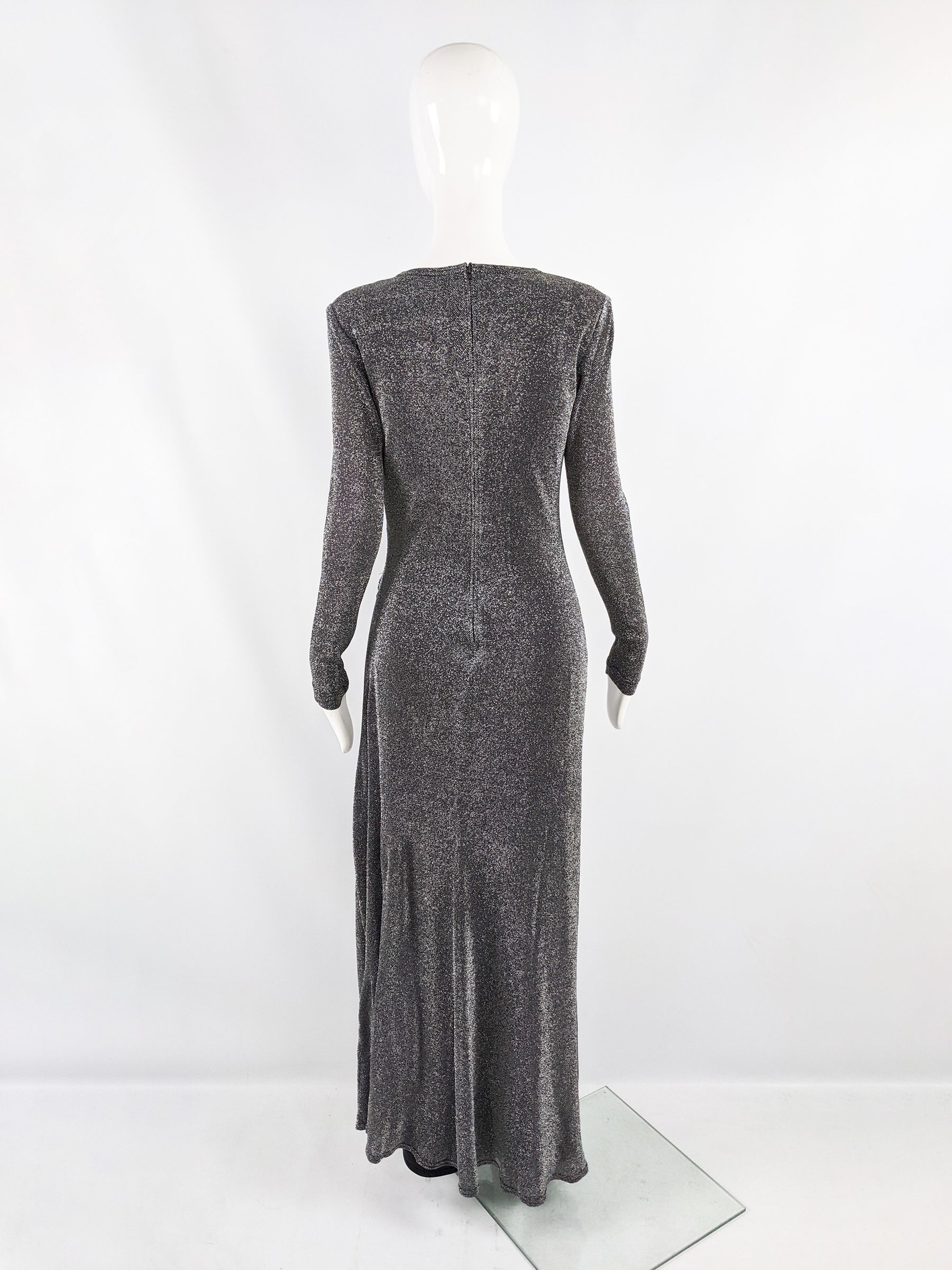 Vintage Silver Lurex Plunging Neckline Evening Gown, 1990s