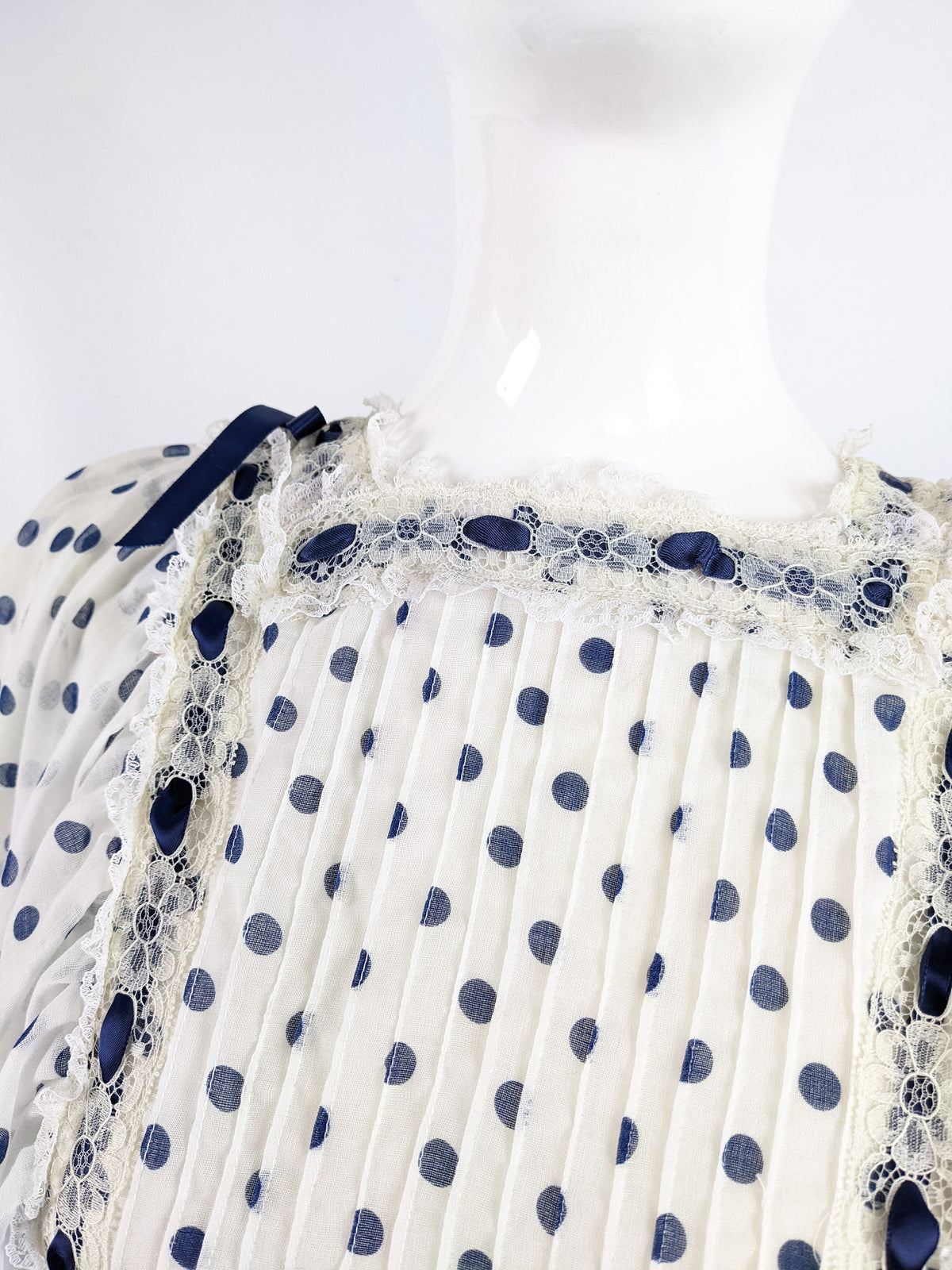 Vintage Off White & Navy Blue Polka Dot Historical Dress, 1970s