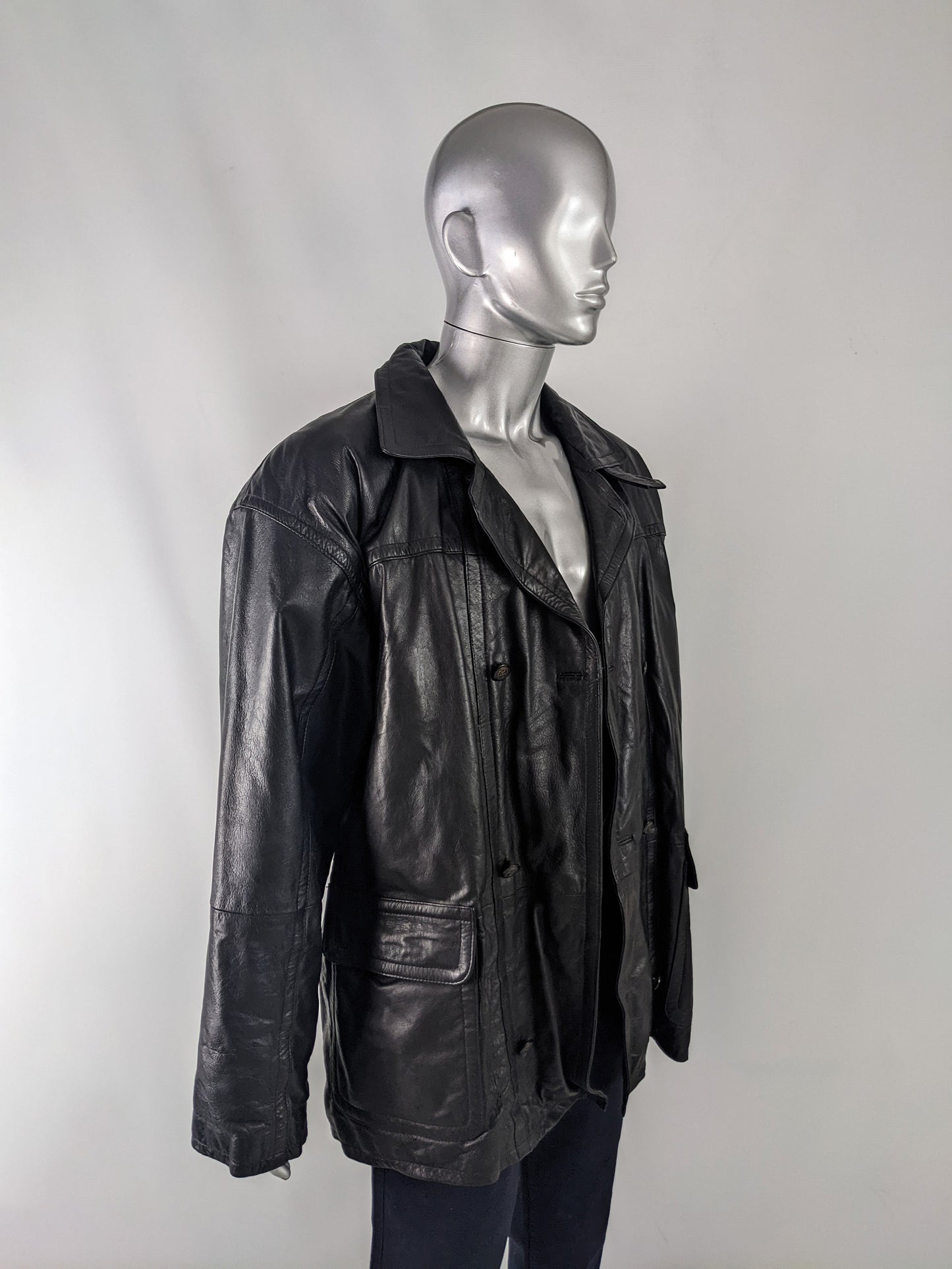 Gavin Brown Mens Vintage Black Leather Double Breasted Coat, 1980s