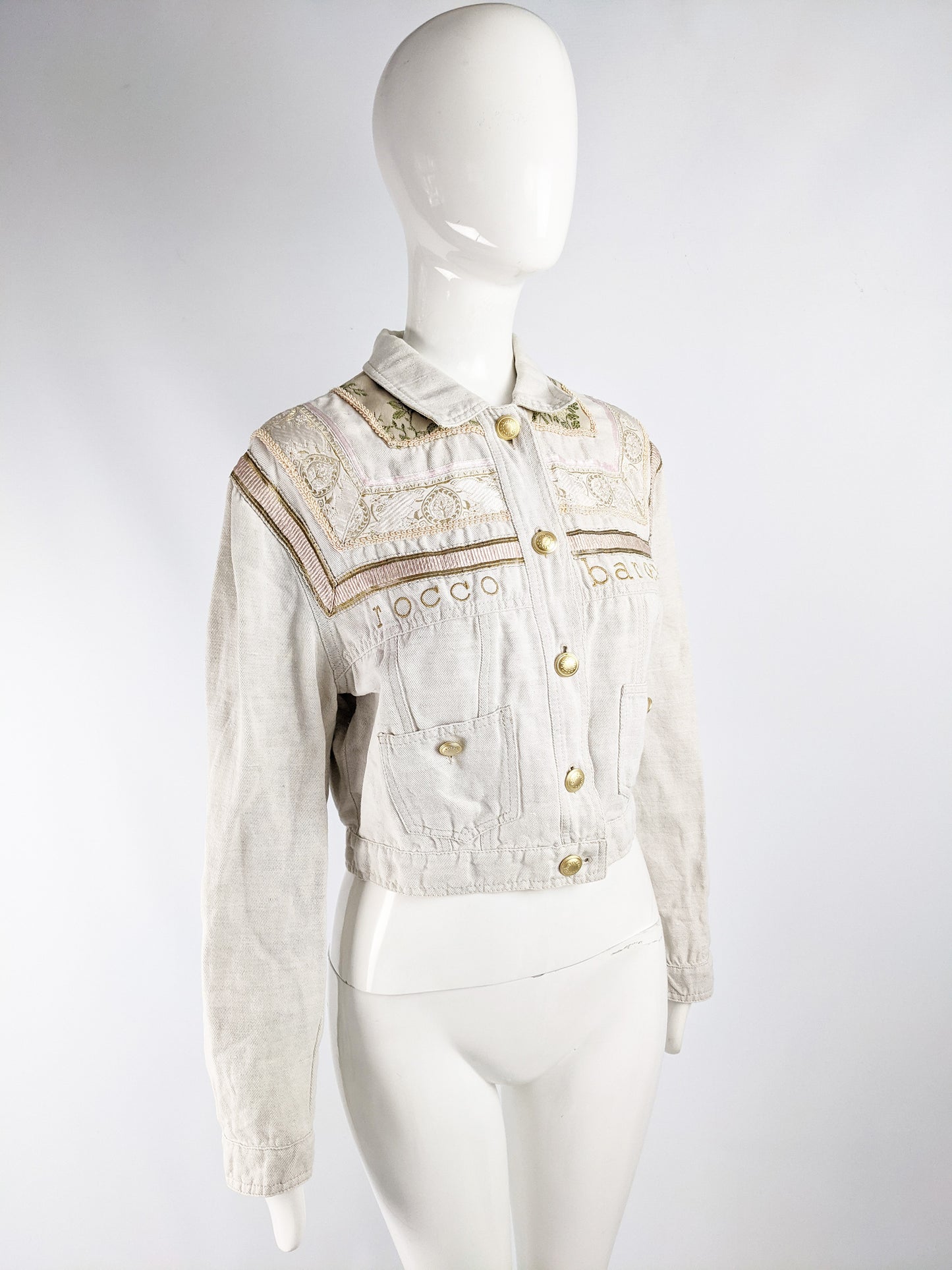 Roccobarocco Vintage Embroidered White Linen & Cotton Denim Jacket