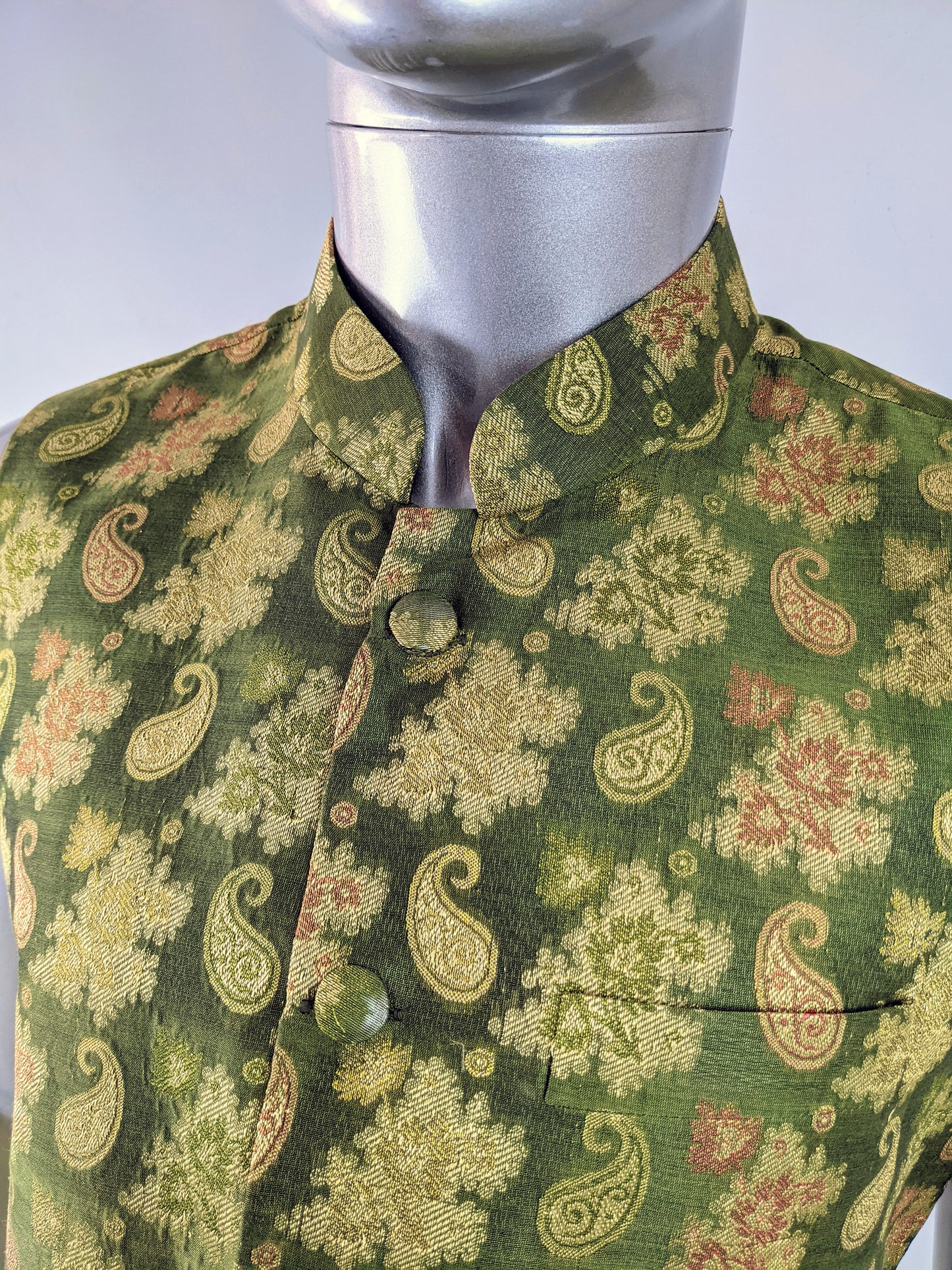 Vintage Mens Green Paisley Brocade Nehru Waistcoat, 1970s