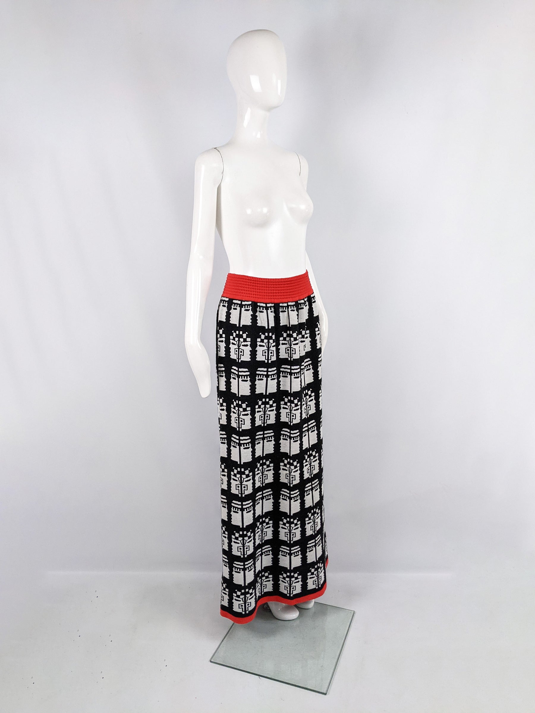 Vintage Aztec Intarsia Knit Maxi Skirt, 1970s