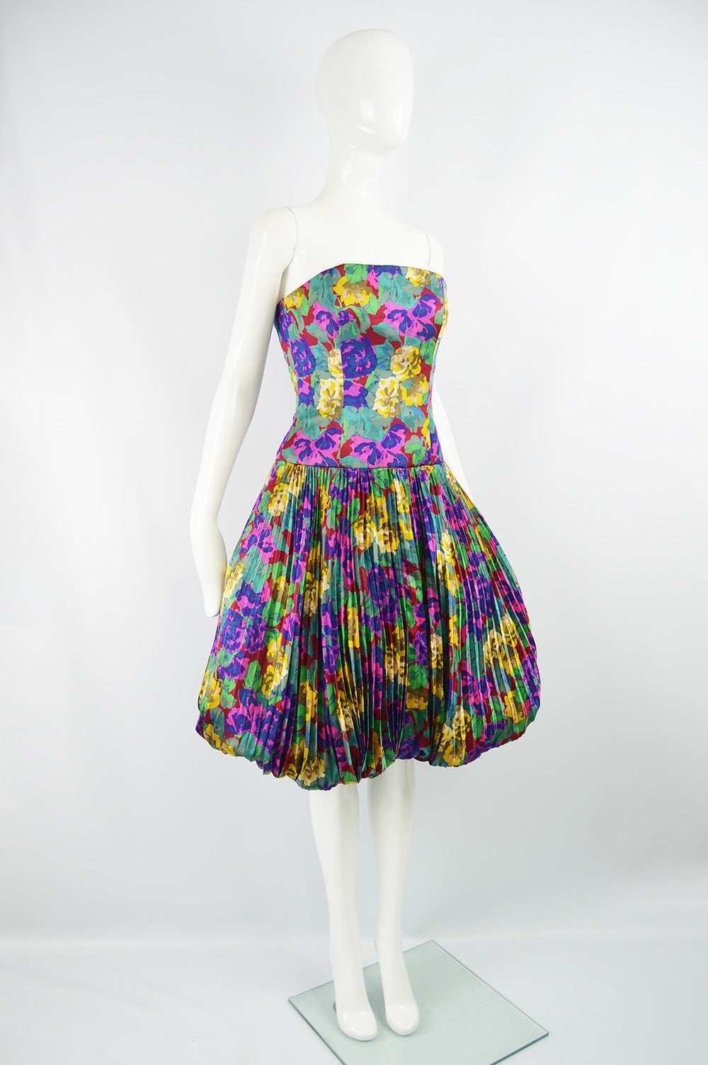 Womens Vintage Silk Pleated Floral Dress, Fall 1988