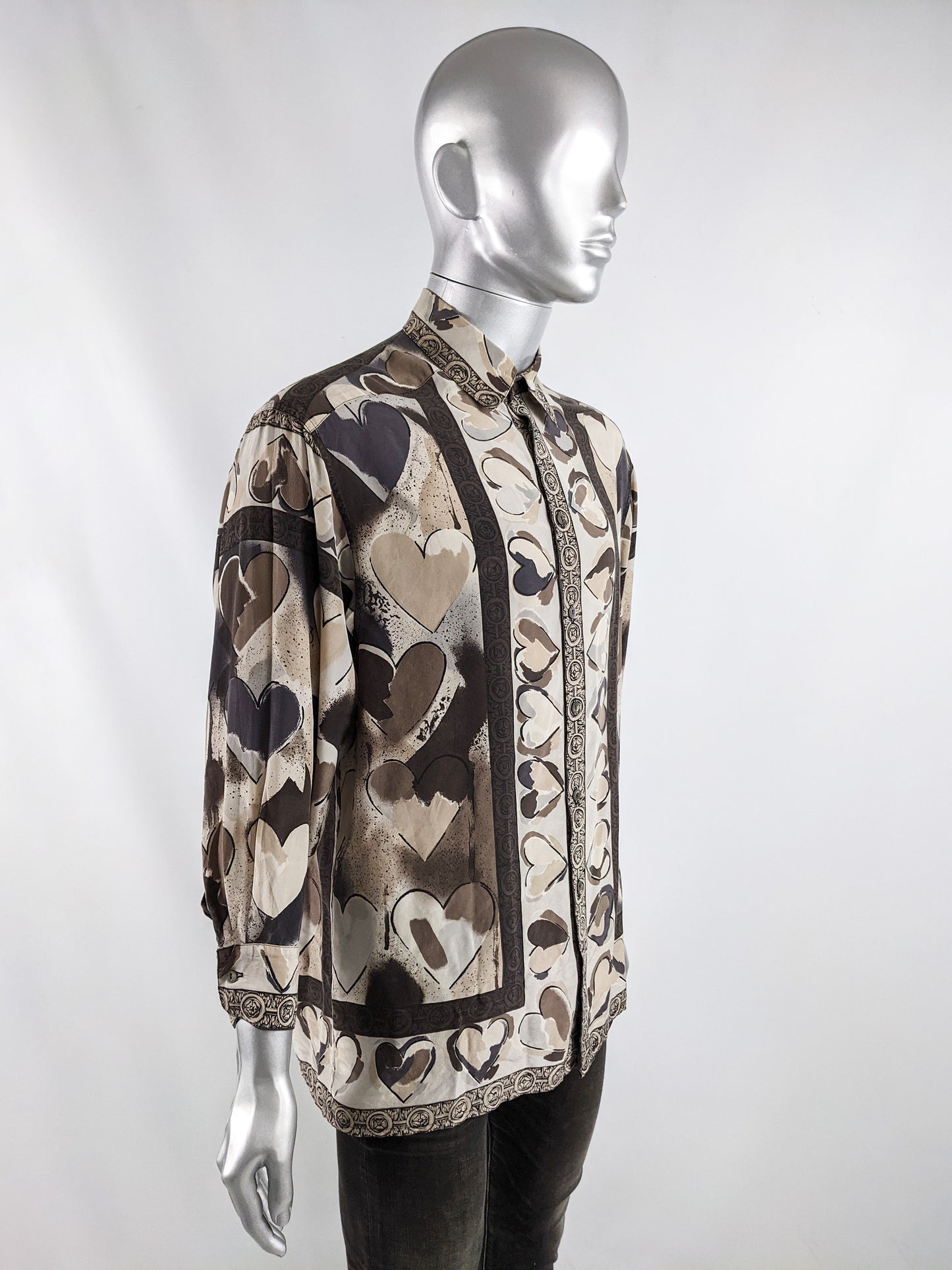 Joseph Mens Vintage Love Heart Print Pure Silk Shirt, 1980s