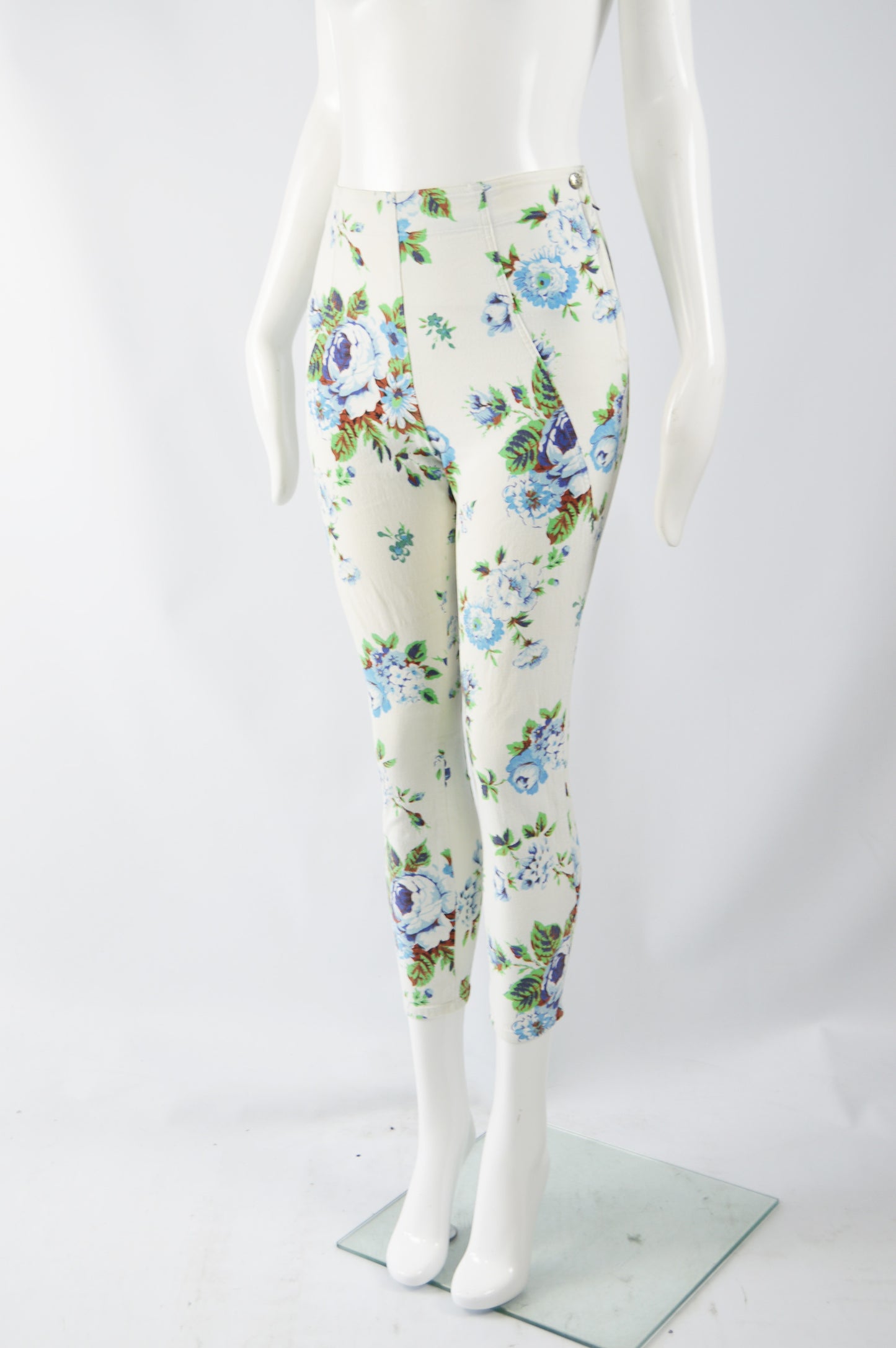 Vintage Womens White Floral Print Crop Skinny Jeans, 1990s