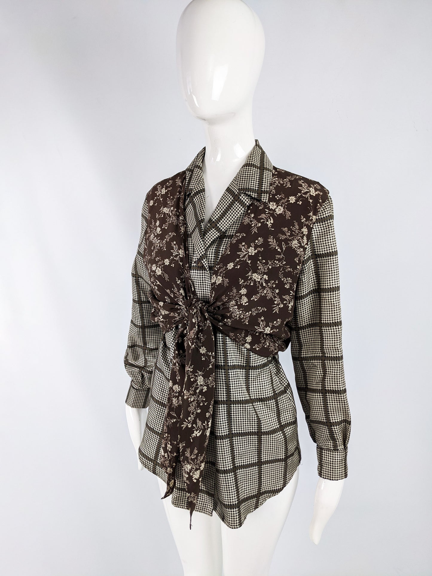Vintage Silk Floral & Check Layered Blouse, 1990s