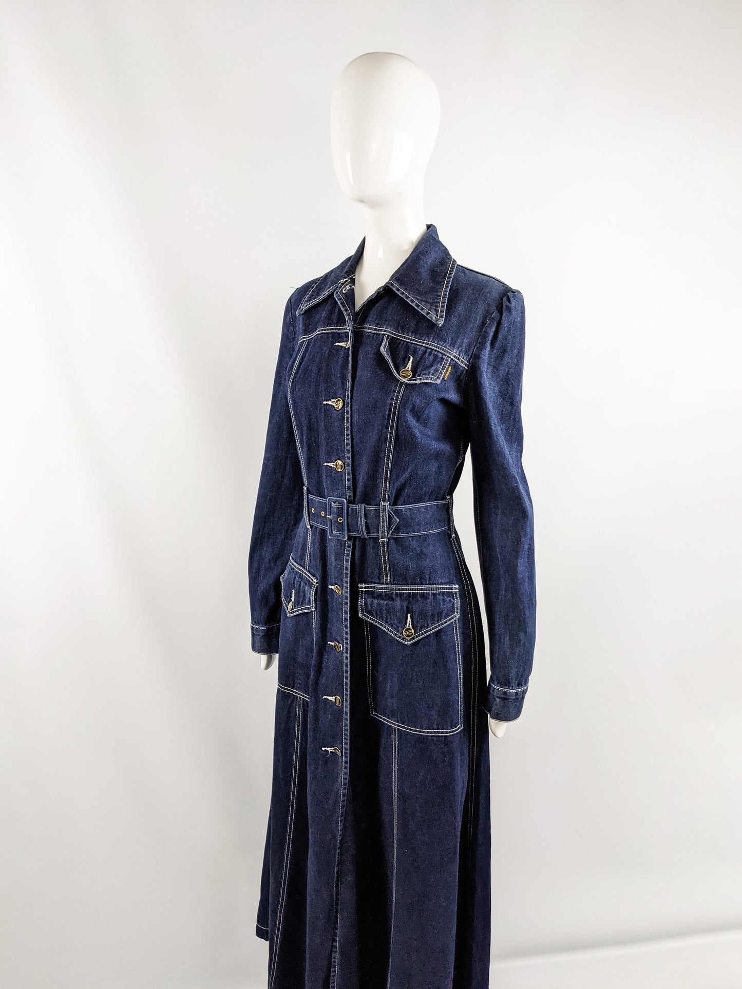 Vintage Full Length Belted Denim Maxi Coat, 1990s