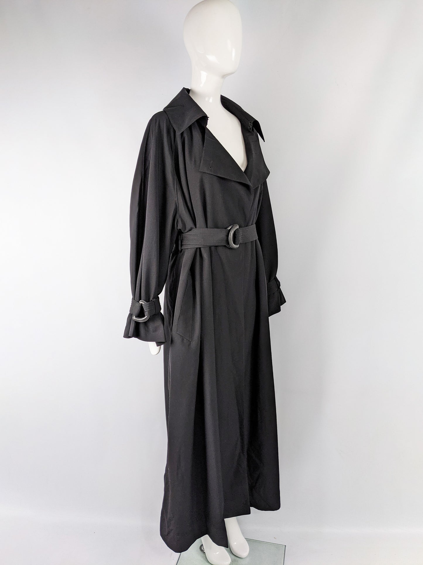 Womens Vintage Black Full Length Trench Coat, 1980s
