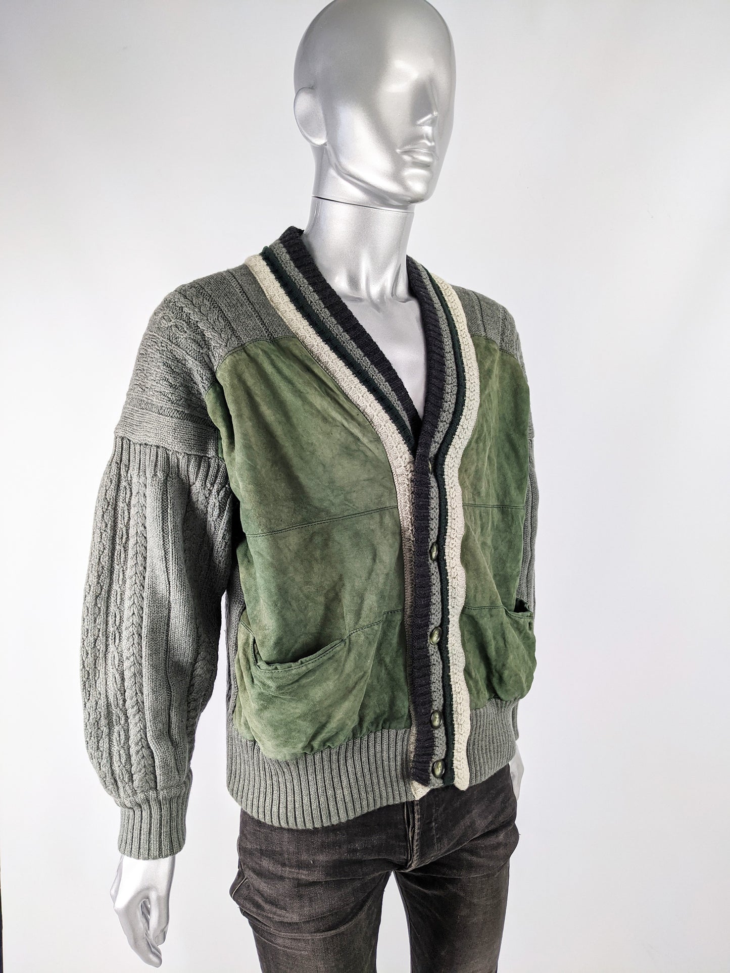 Mens Vintage Cable Knit & Suede Varsity Jacket, 1980s