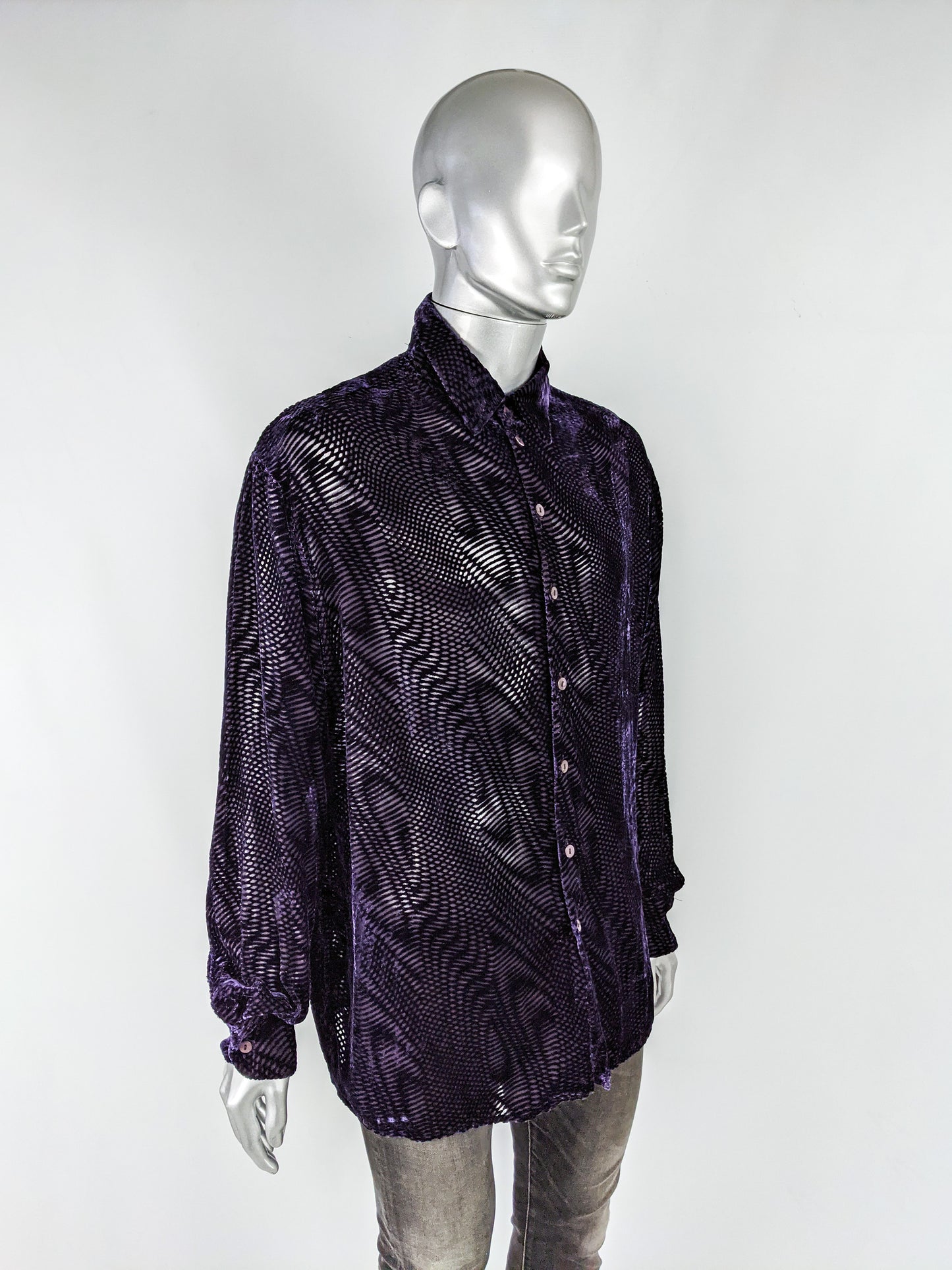 Mens Vintage Purple Semi Sheer Velvet Devoré Shirt, 1990s