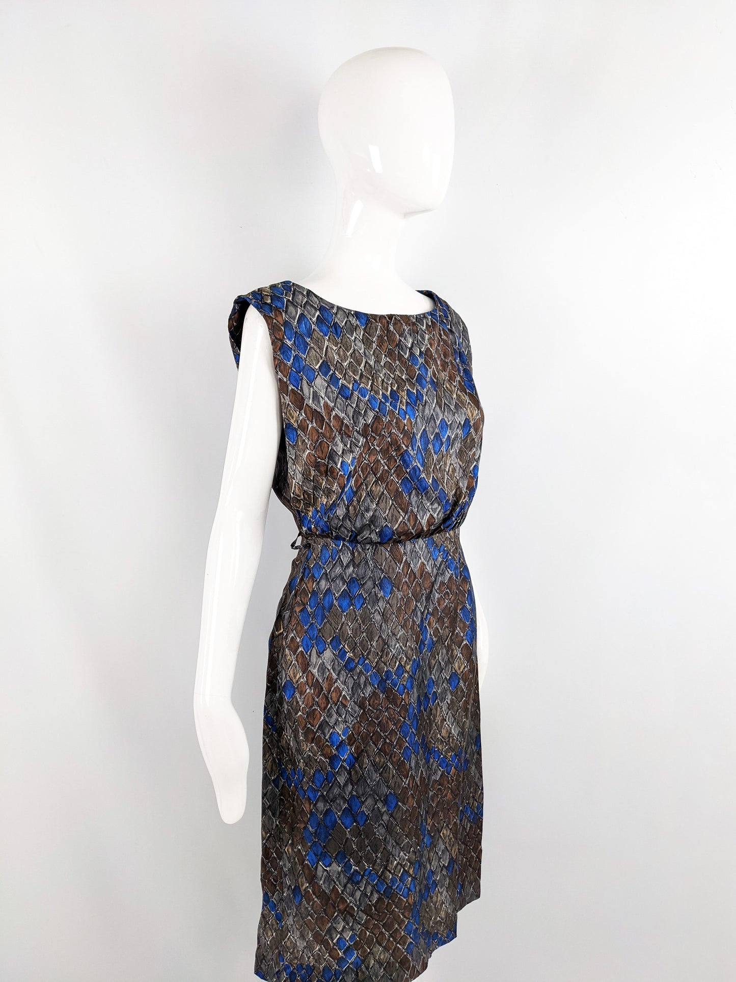 Vintage 50s Silk Party Dress with Blue & Brown Diamond Print, 1950s