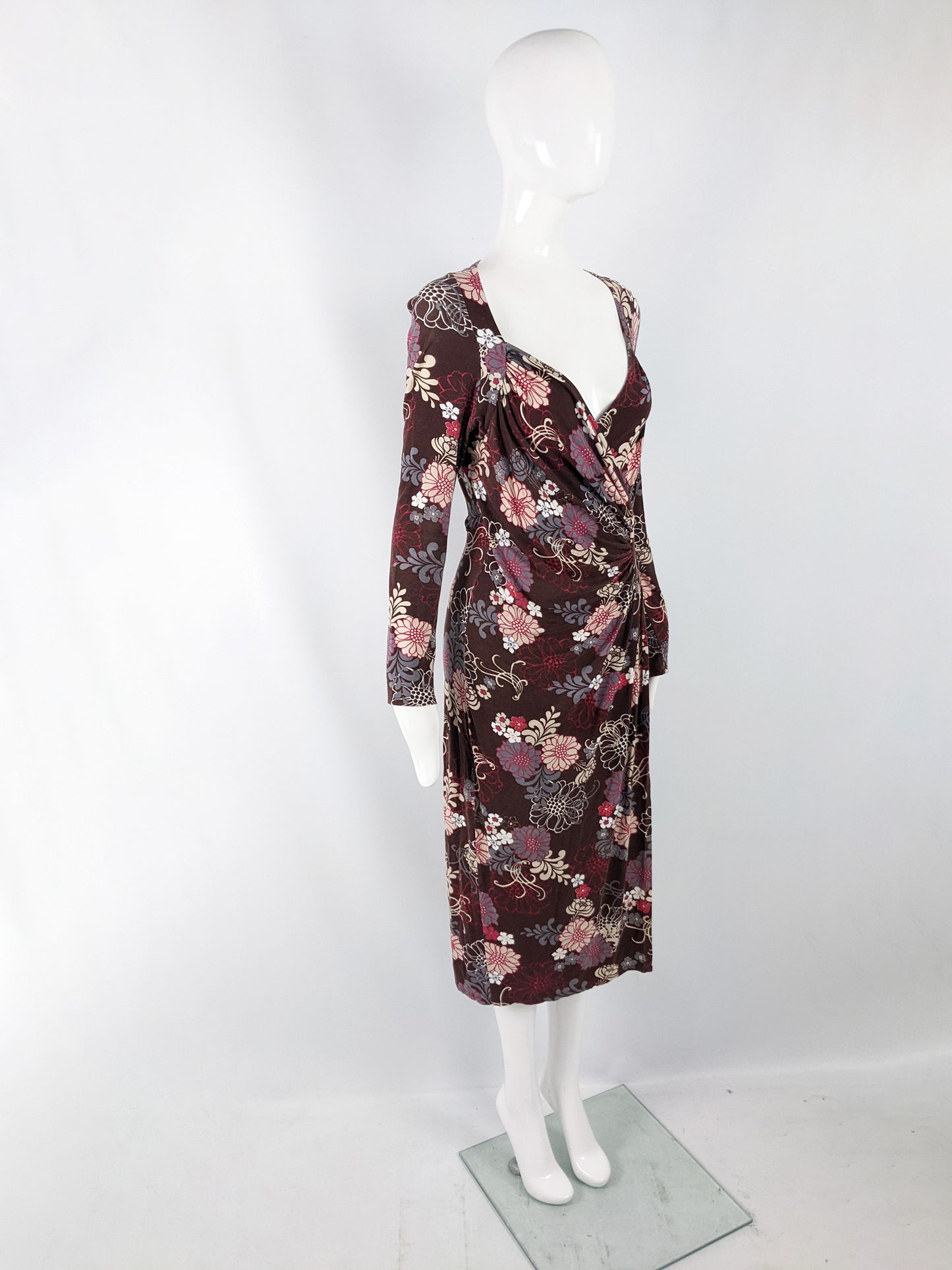 Ronit Zilkha Vintage Brown Jersey Floral Ruched Dress, 1990s