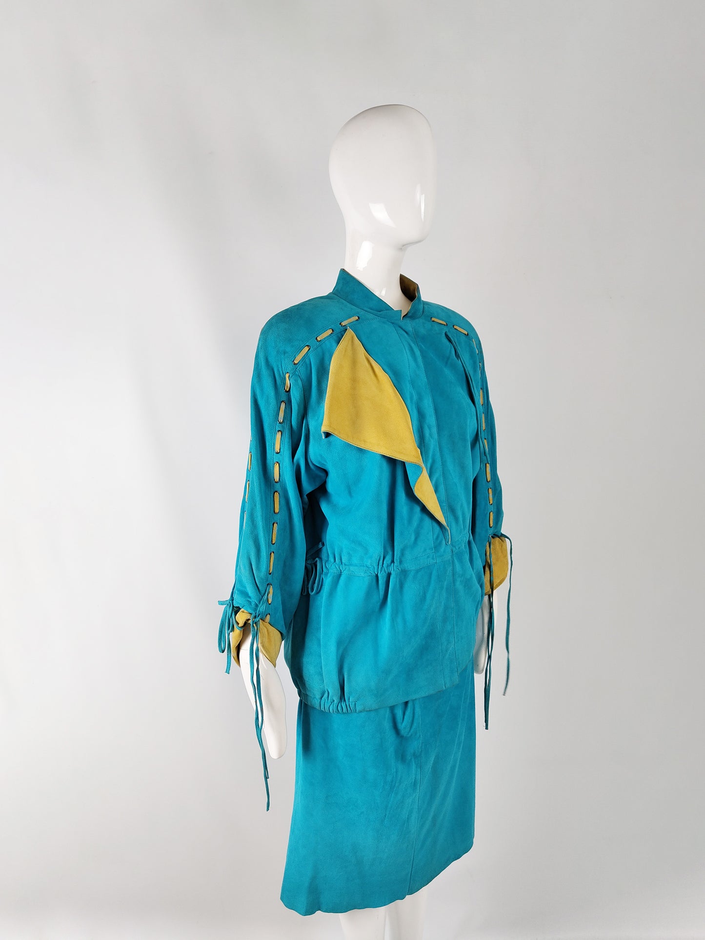 Enrico Coveri Vintage Turquoise Real Suede Skirt Suit, 1980s