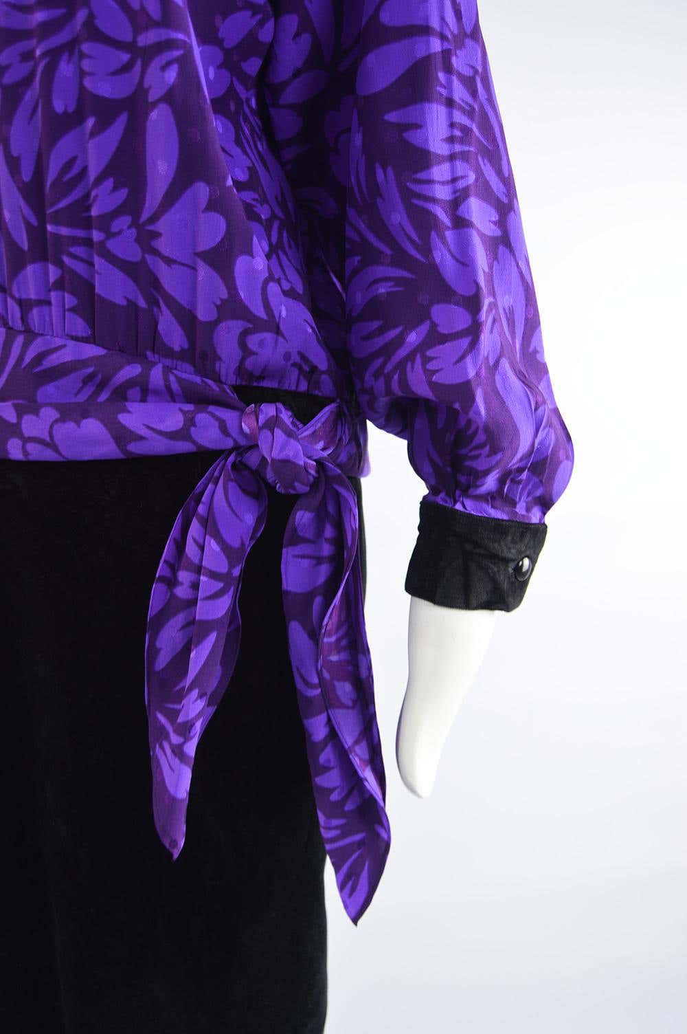 Guy Laroche Vintage Purple Jacquard & Black Velvet Dress, 1980s