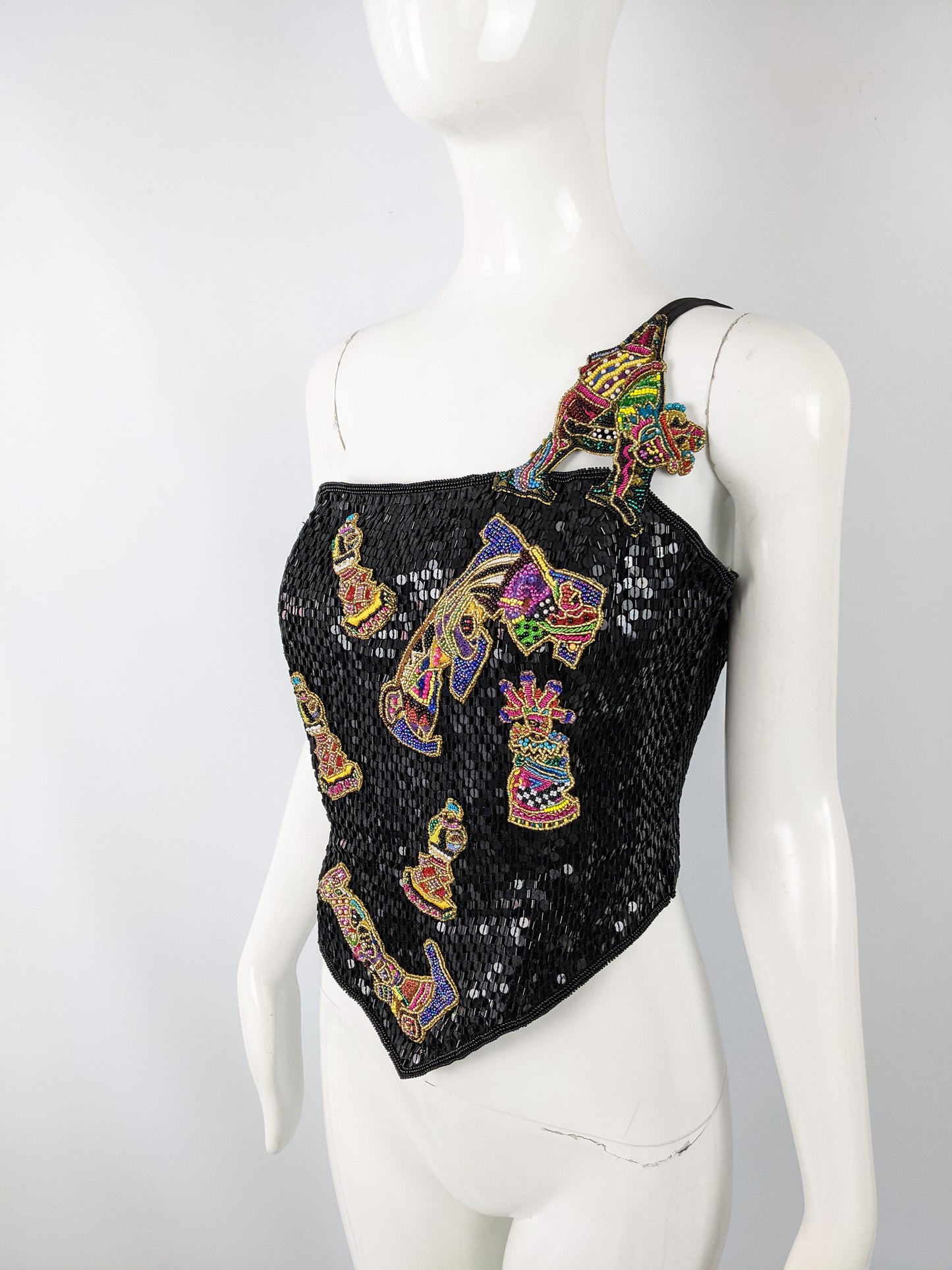 Vintage One Shouldered Chess Style Sequin Silk Top, 1980s