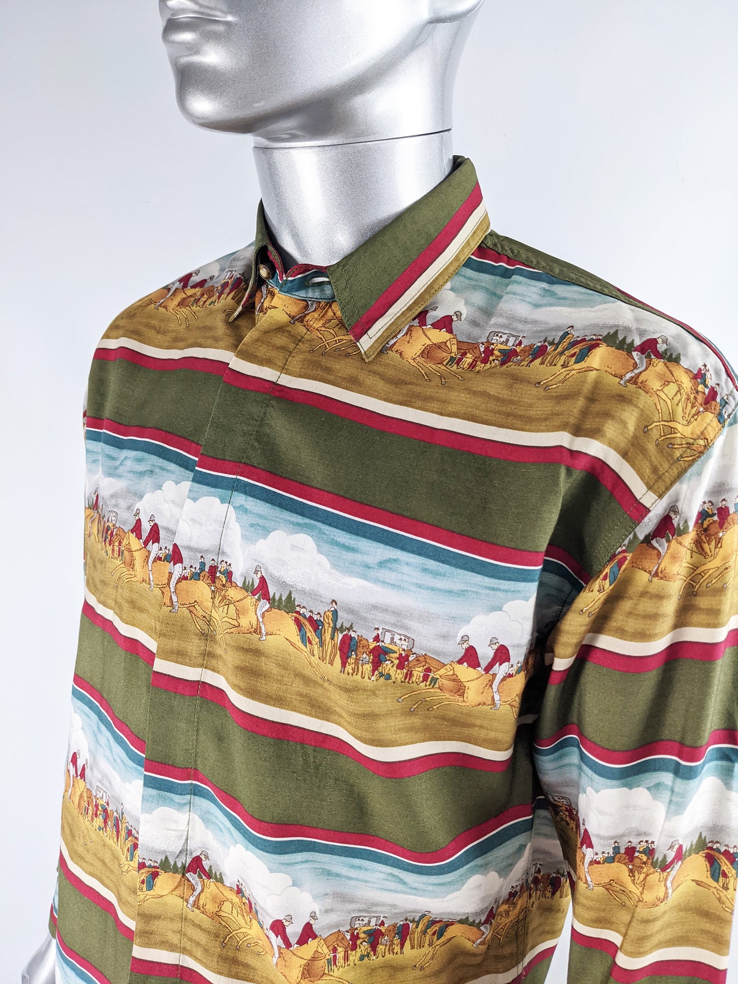 Mens Vintage Horse Racing Print Modal Shirt, 1980s