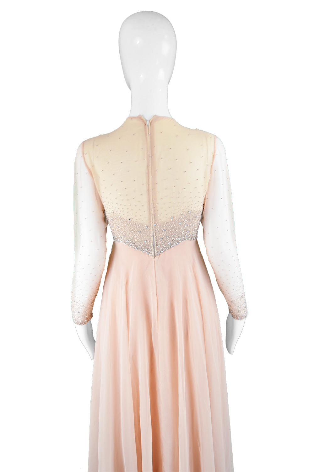 Peach Vintage Chiffon Beaded Evening Gown, 1960s