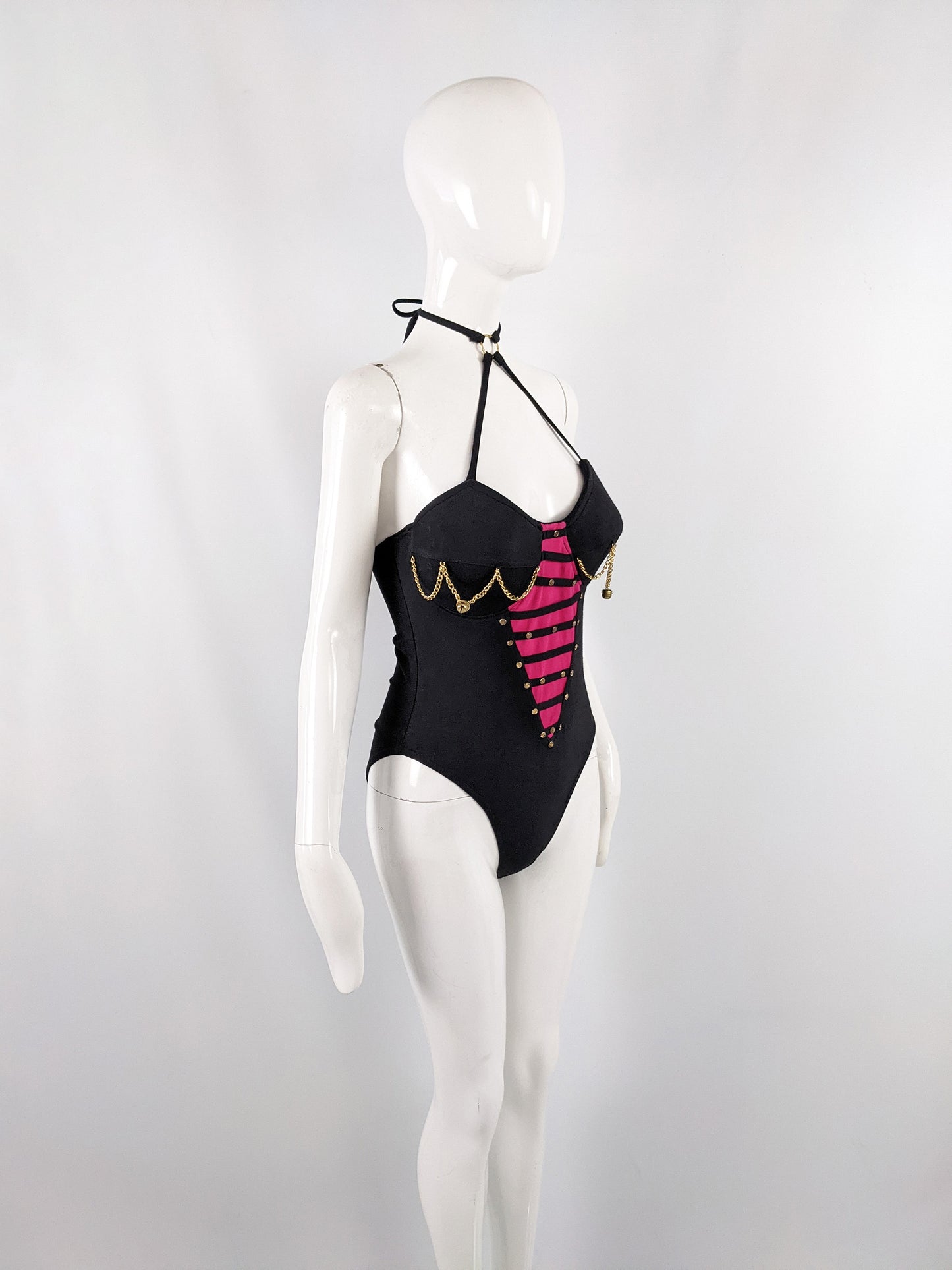 Tropical Climax Vintage Black & Pink Womens Chain Bodysuit, 1980s