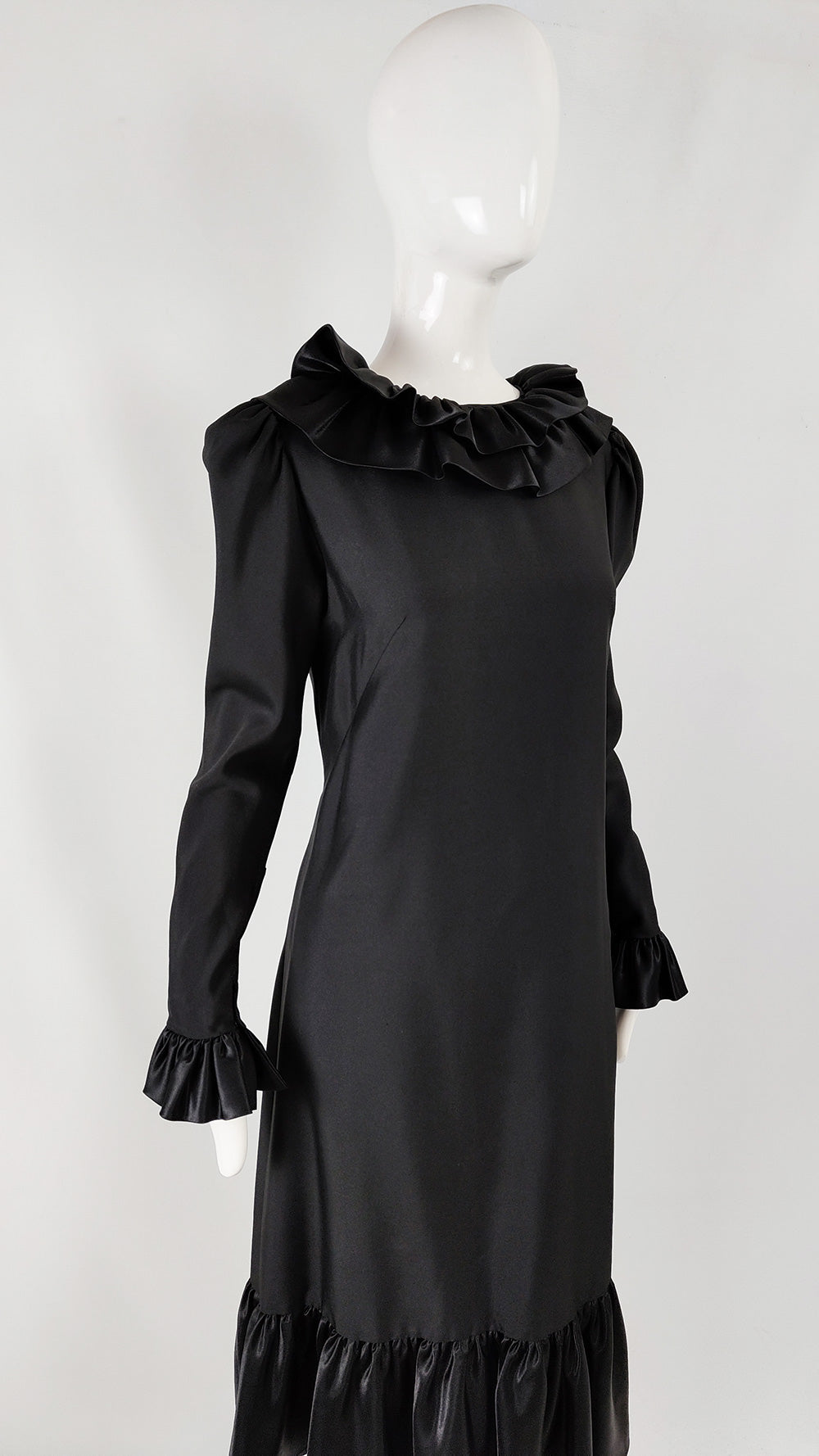 Jean Allen Vintage Black Ruffle Collar Shift Dress, 1970s