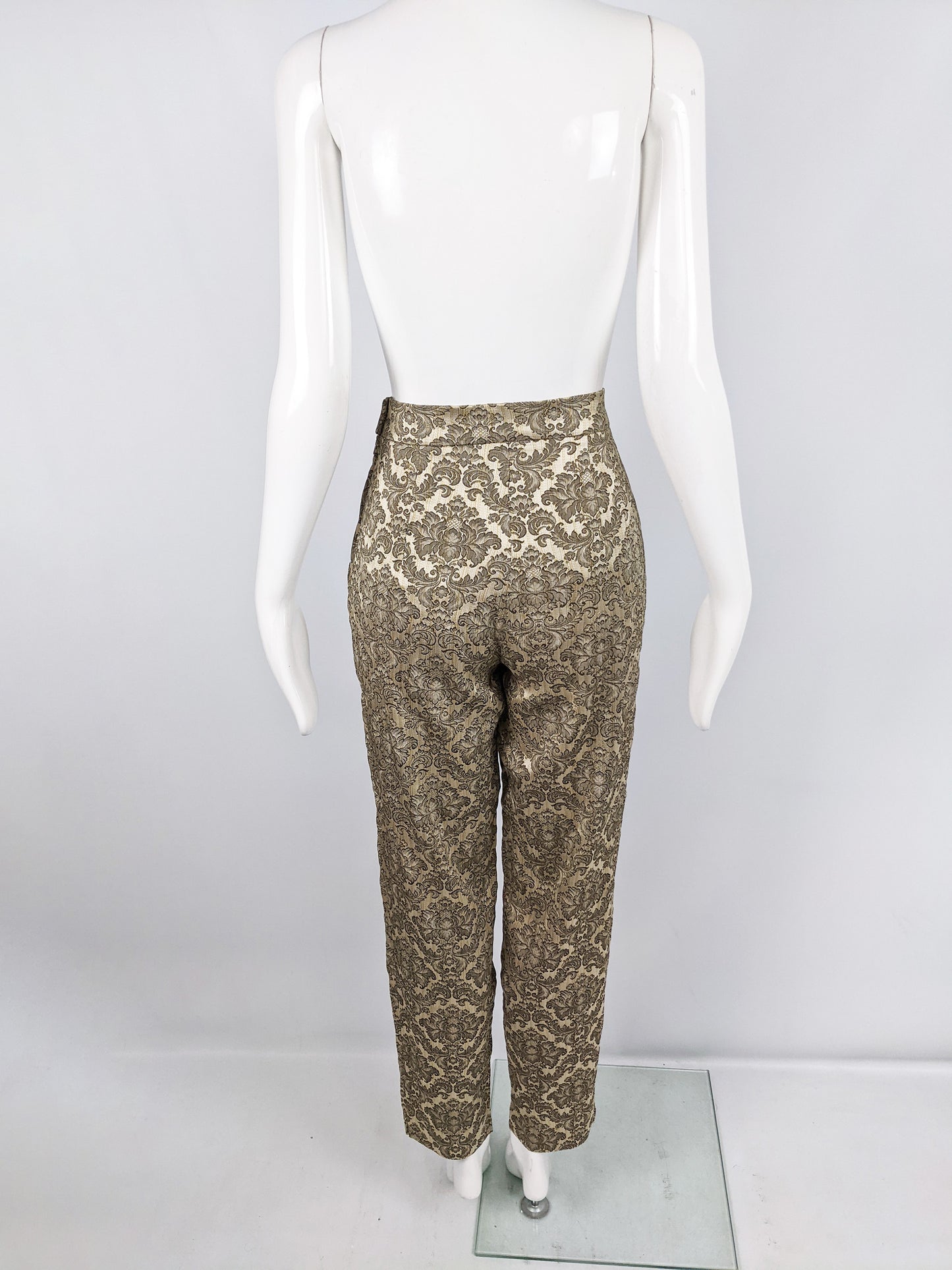 Vintage Gold Damask Satin Jacquard Cigarette Trousers, 1980s