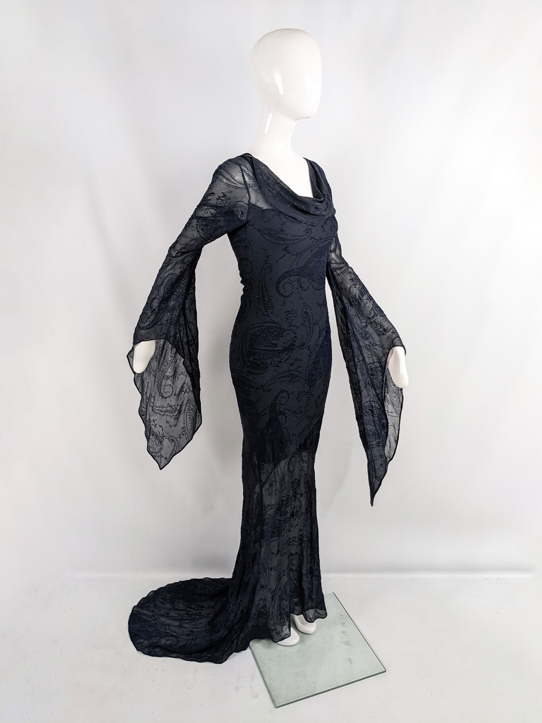 Ronit Zilkha Vintage Midnight Blue Silk Devore Witchy Dress, 2000s