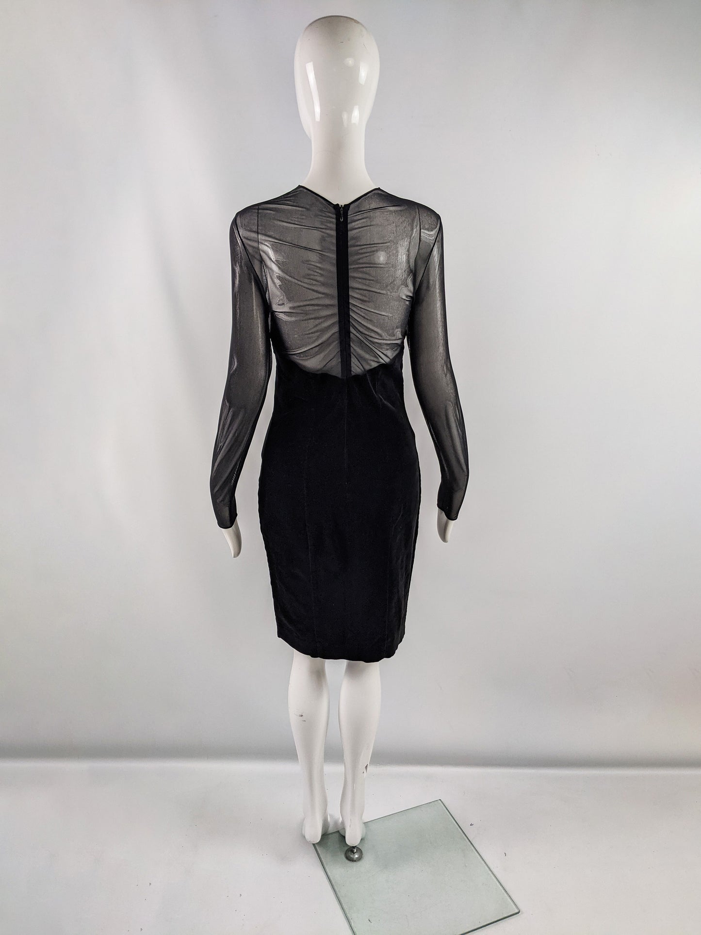 Vintage Black Velvet & Sheer Mesh Plunge Dress, 1990s