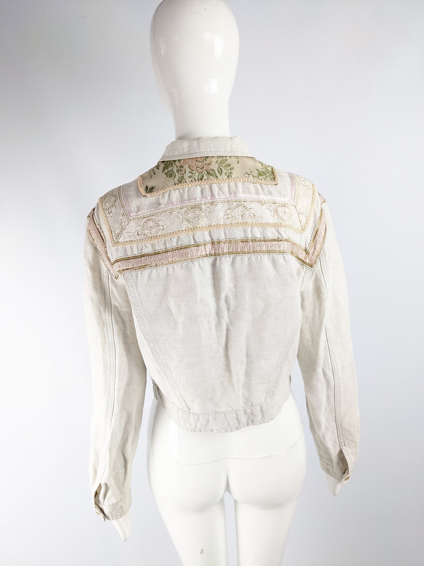 Roccobarocco Vintage Embroidered White Linen & Cotton Denim Jacket