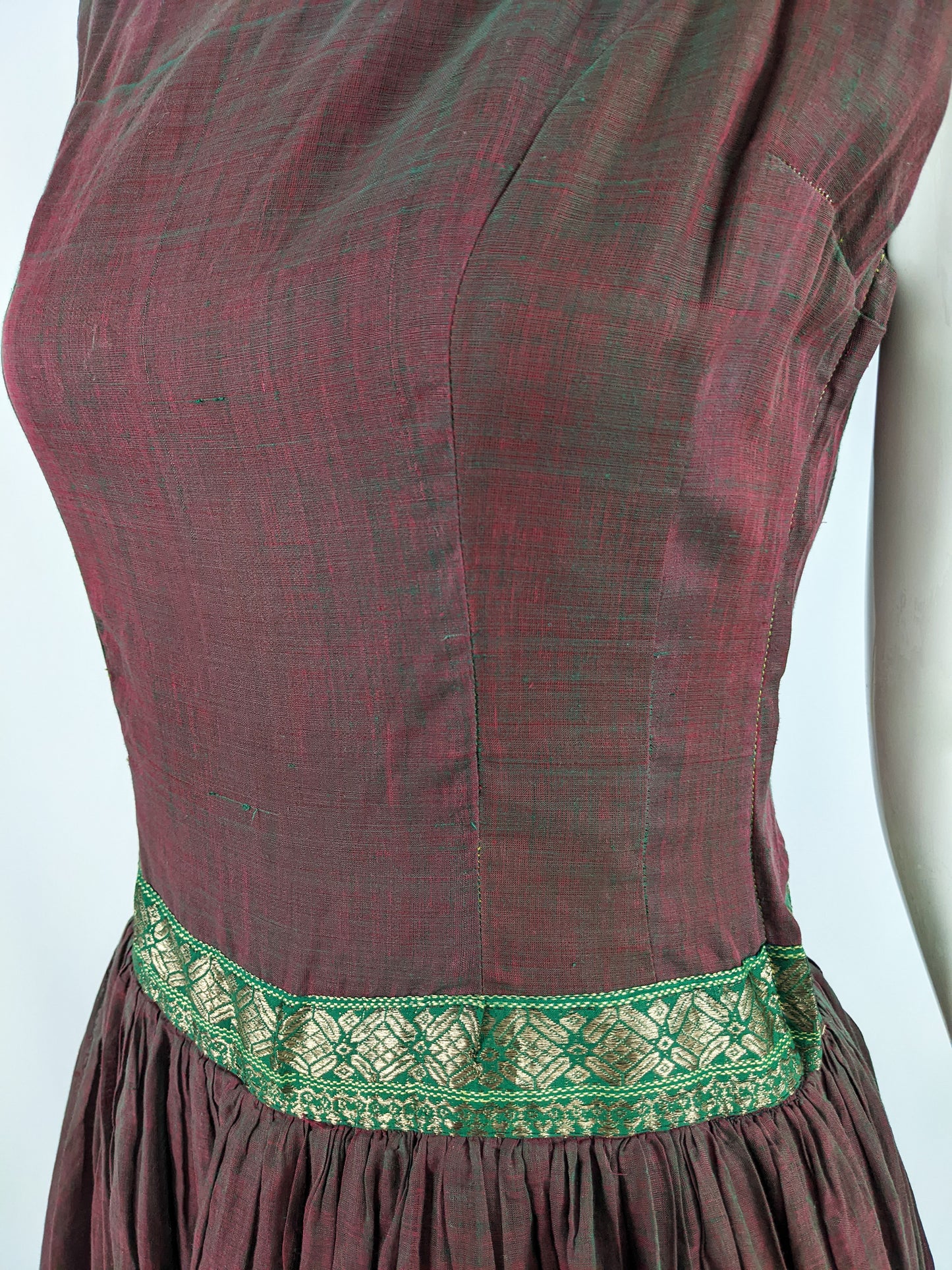 Vintage 1950s Asian Iridescent Brocade Trim Dress