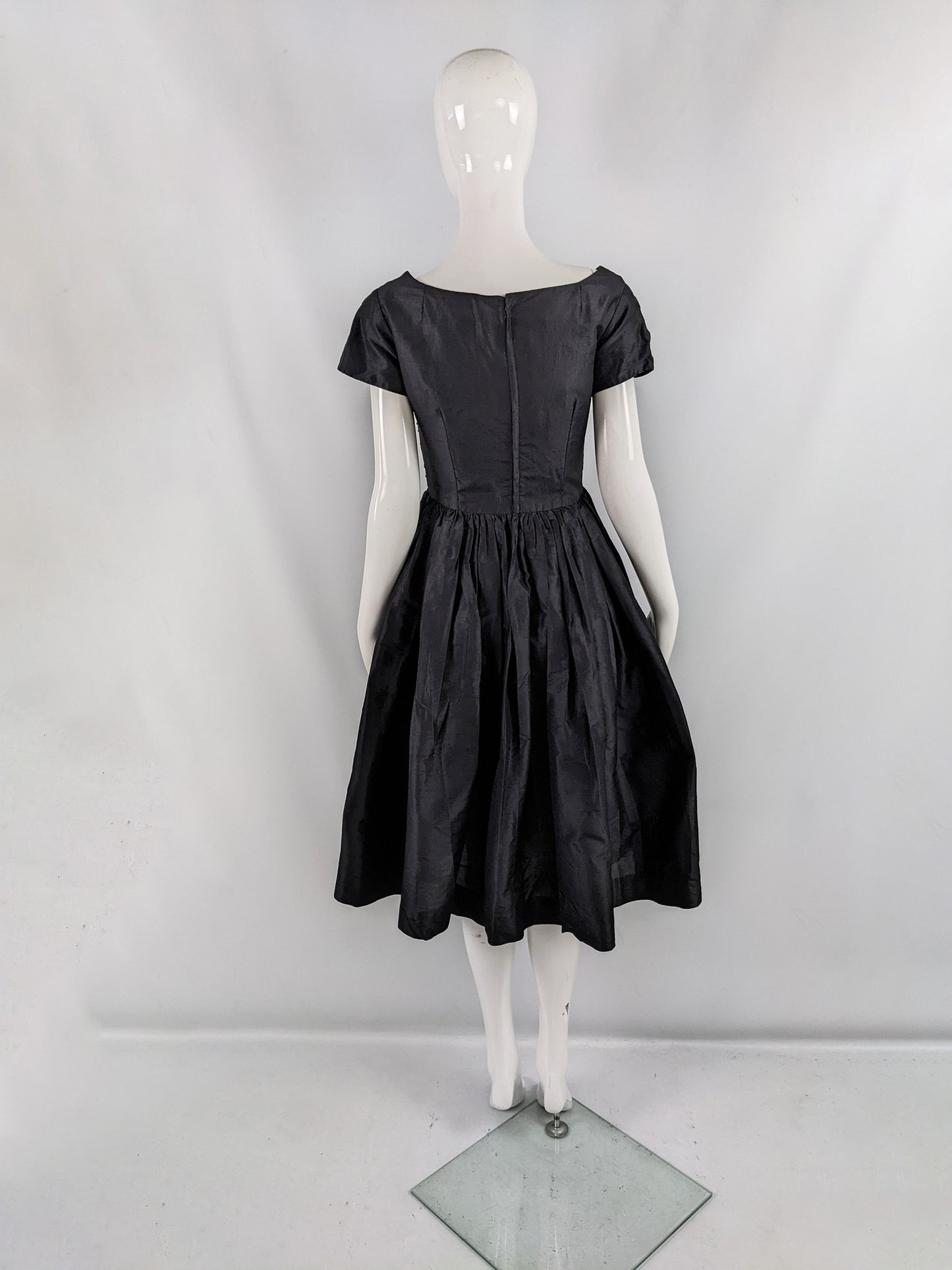 Koupy Model Couture Vintage 50s Black Silk Taffeta Dress, 1950s