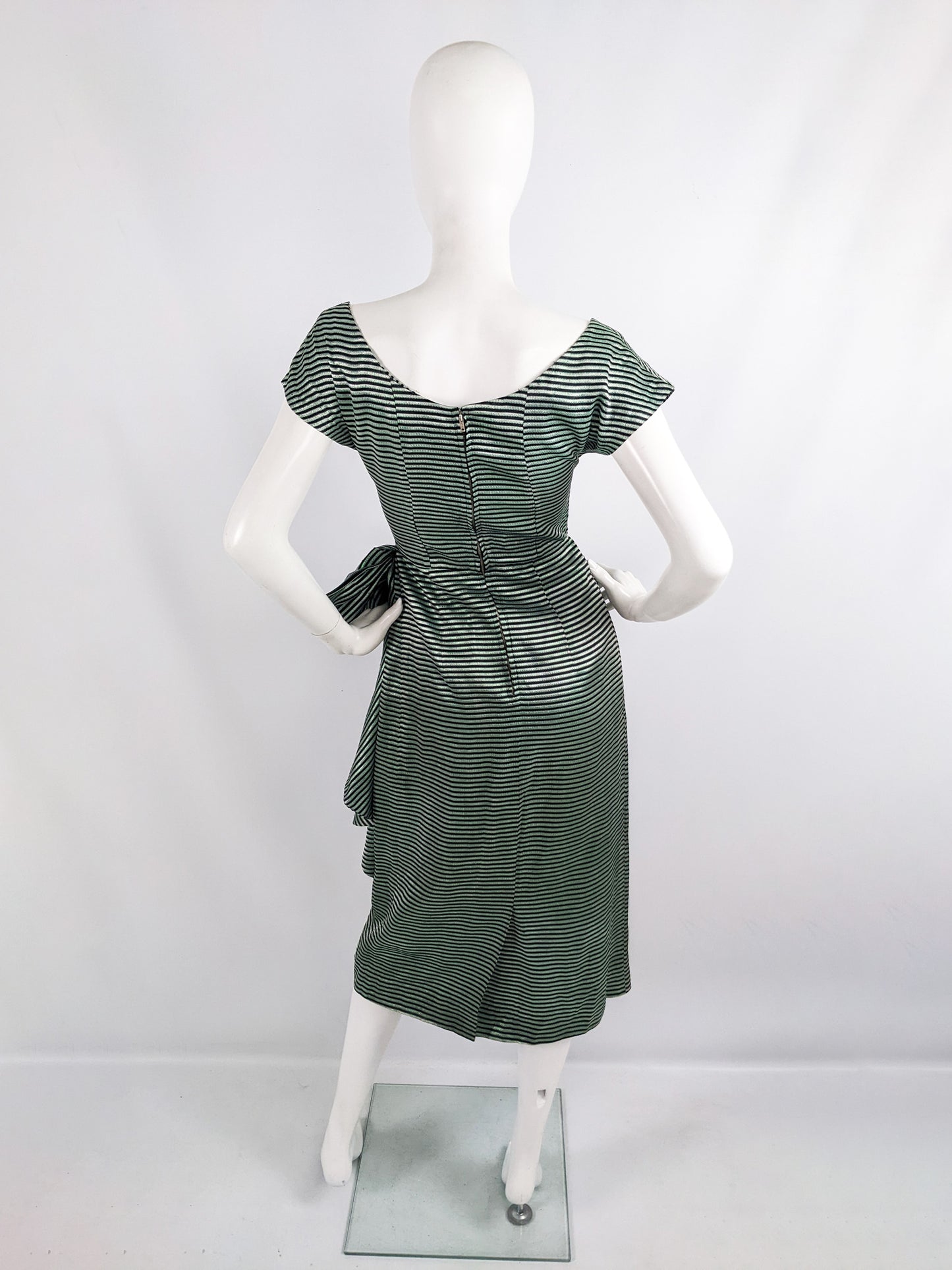 Richard Grossmark Vintage 50s Green Lamé Striped Evening Dress, 1950s