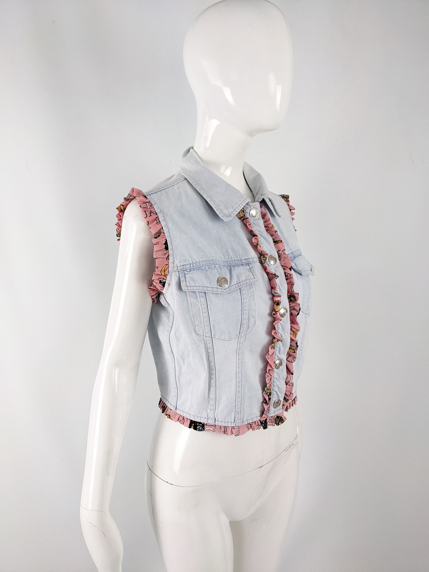 Fendissime Vintage Womens Ruffled Denim Vest Jacket, 1990s