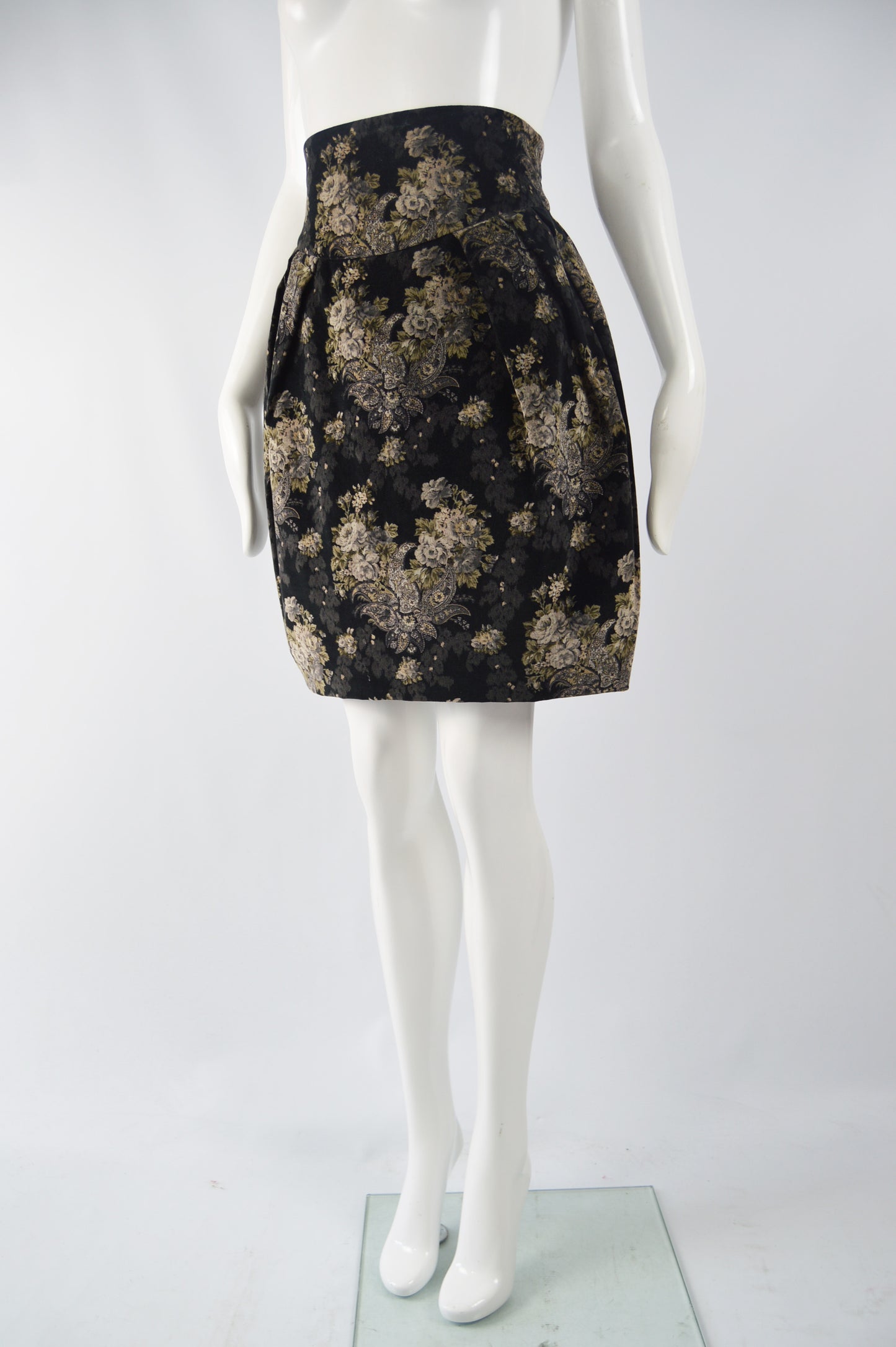 Womens Vintage Black Velvet Floral Print Skirt, 1980s
