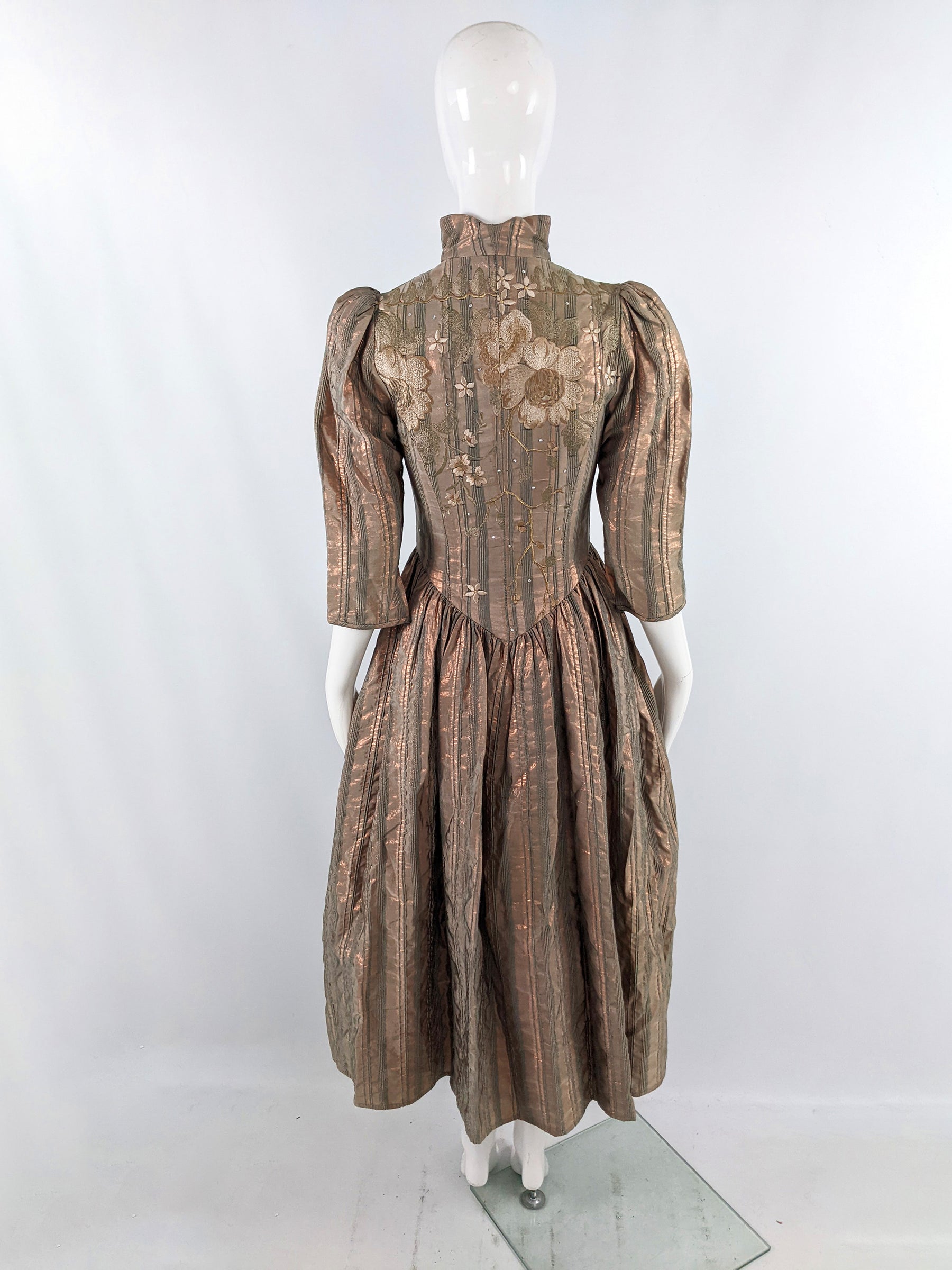 Caroline Charles Vintage Pale Metallic Bronze Embroidered Dress, 1980s