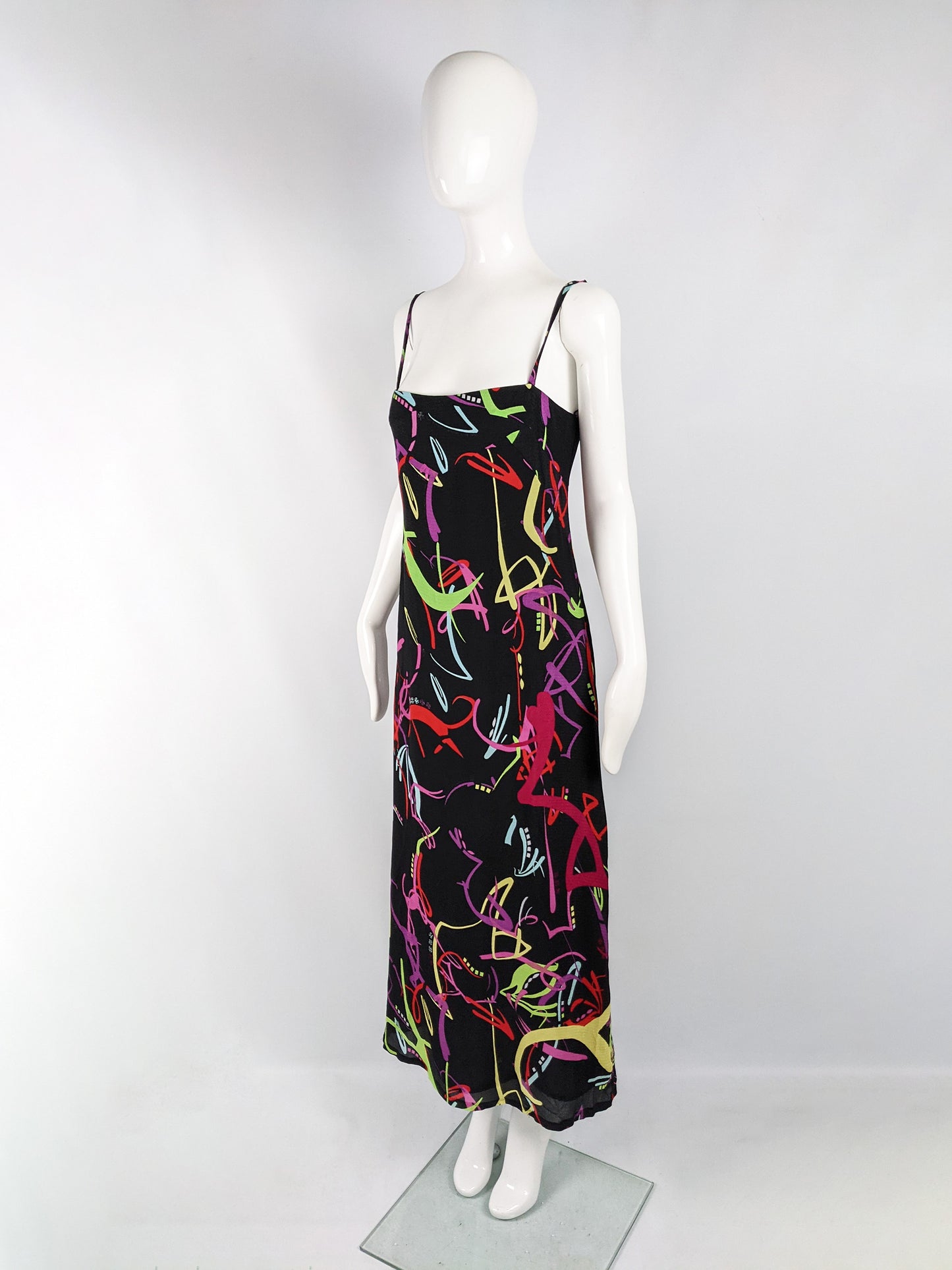 Vintage Black & Multicoloured Sleeveless Maxi Slip Dress, 1990s