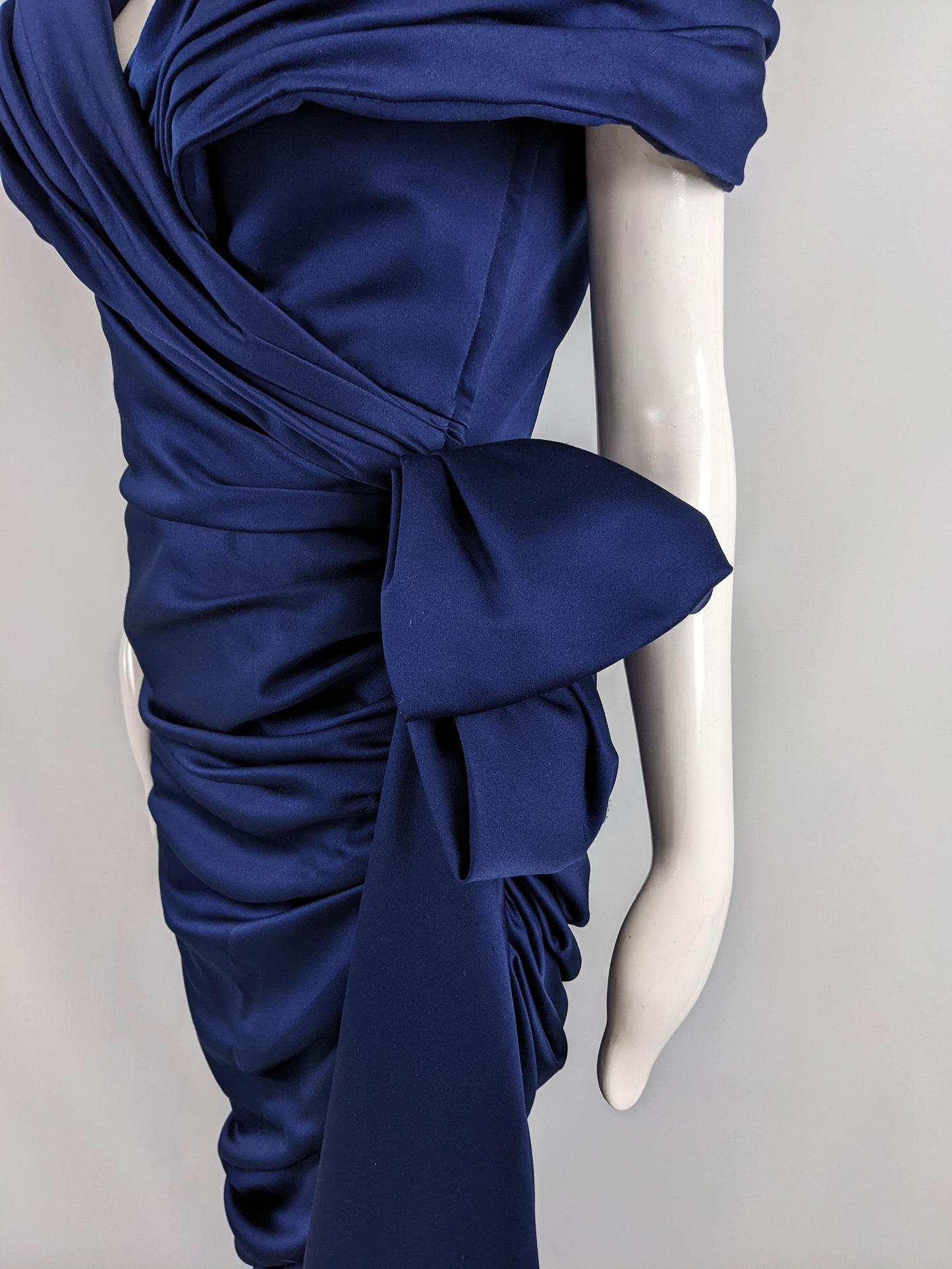 Victor Costa Vintage Dark Blue Draped Bow Evening Gown, 1980s